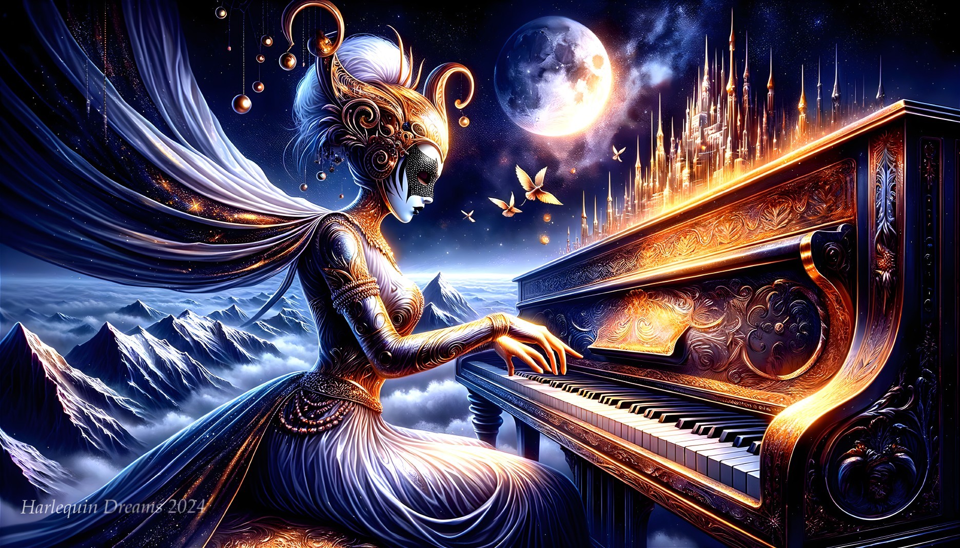 Mystical Figure Playing Piano in Surreal Landscape