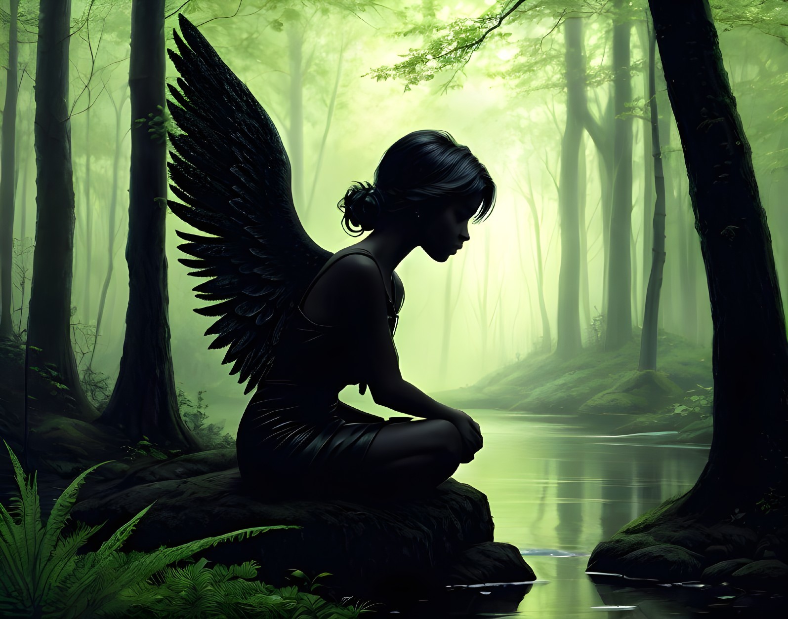 Winged woman perched by forest creek in misty setting