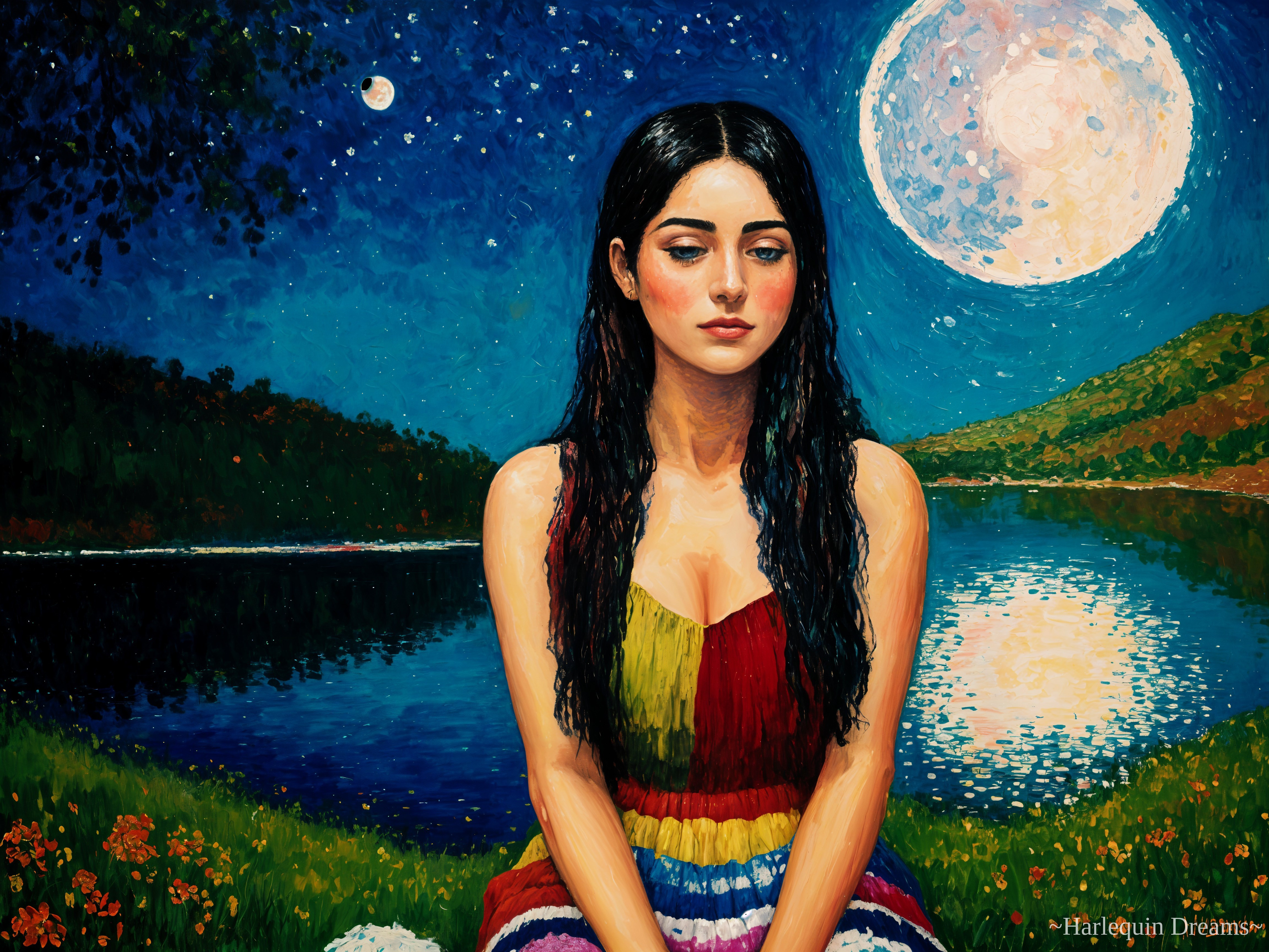 Young woman by a lake under a starry night sky
