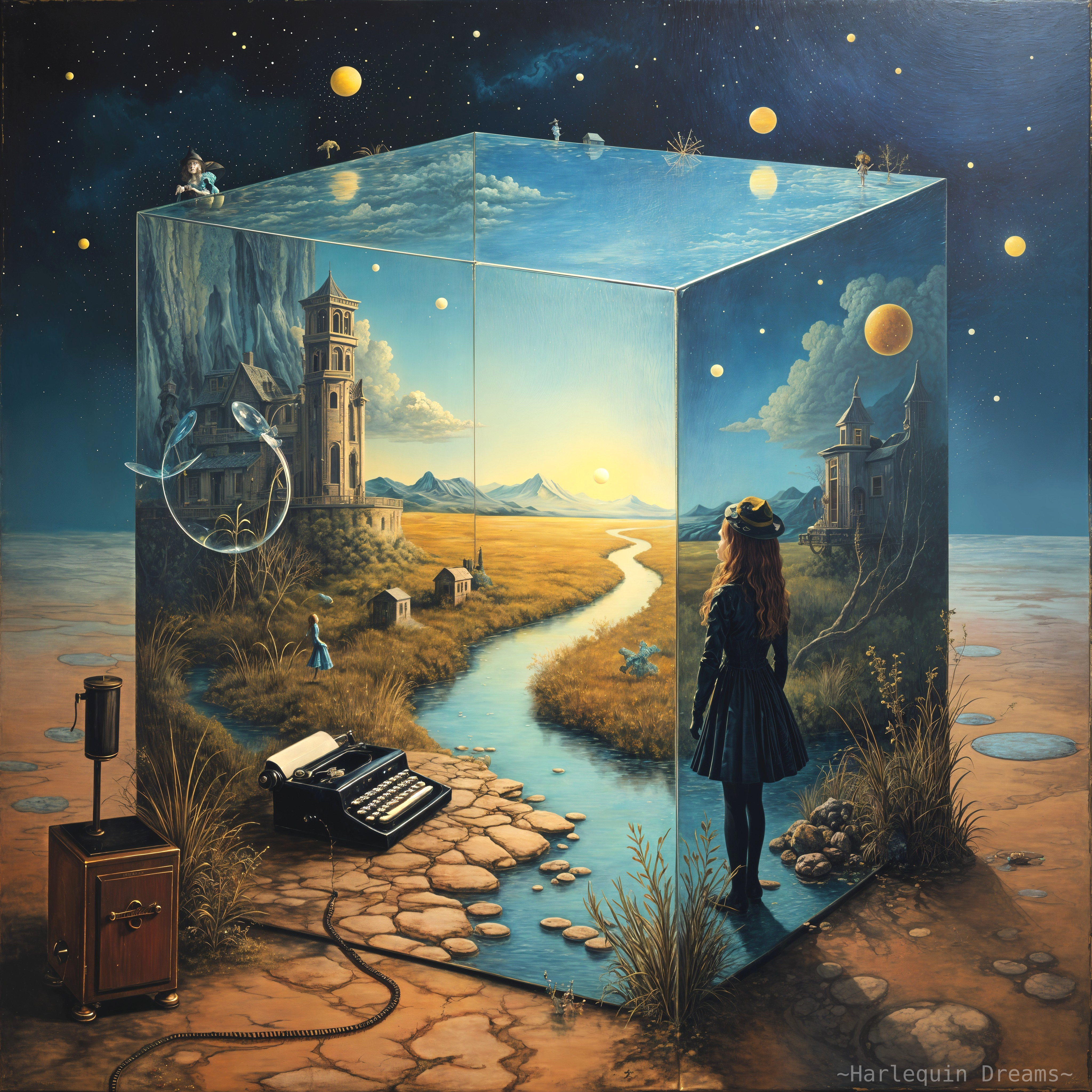 Surreal Landscape in a Transparent Cube with Castle