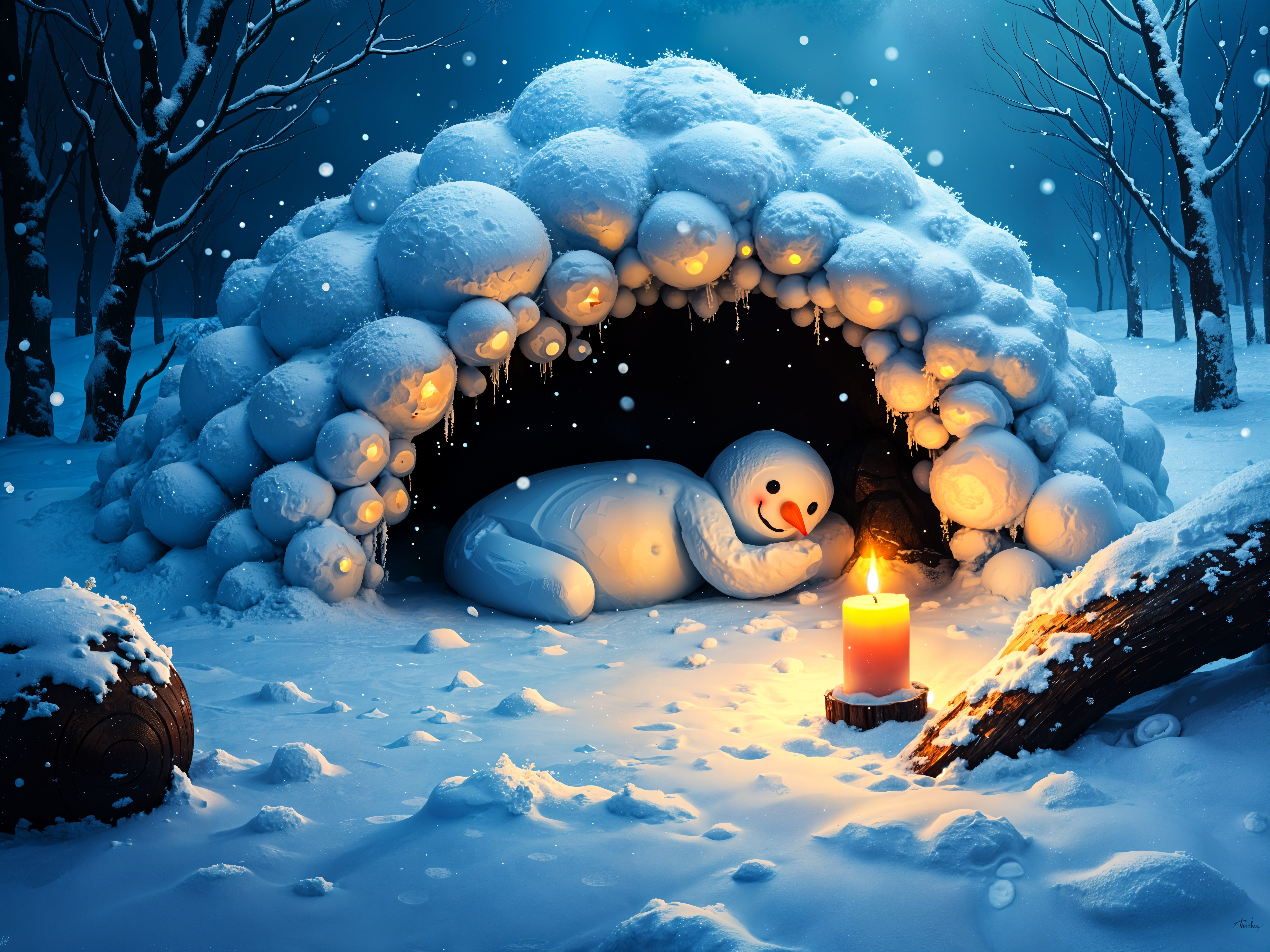Whimsical Snowman in Cozy Igloo Winter Scene