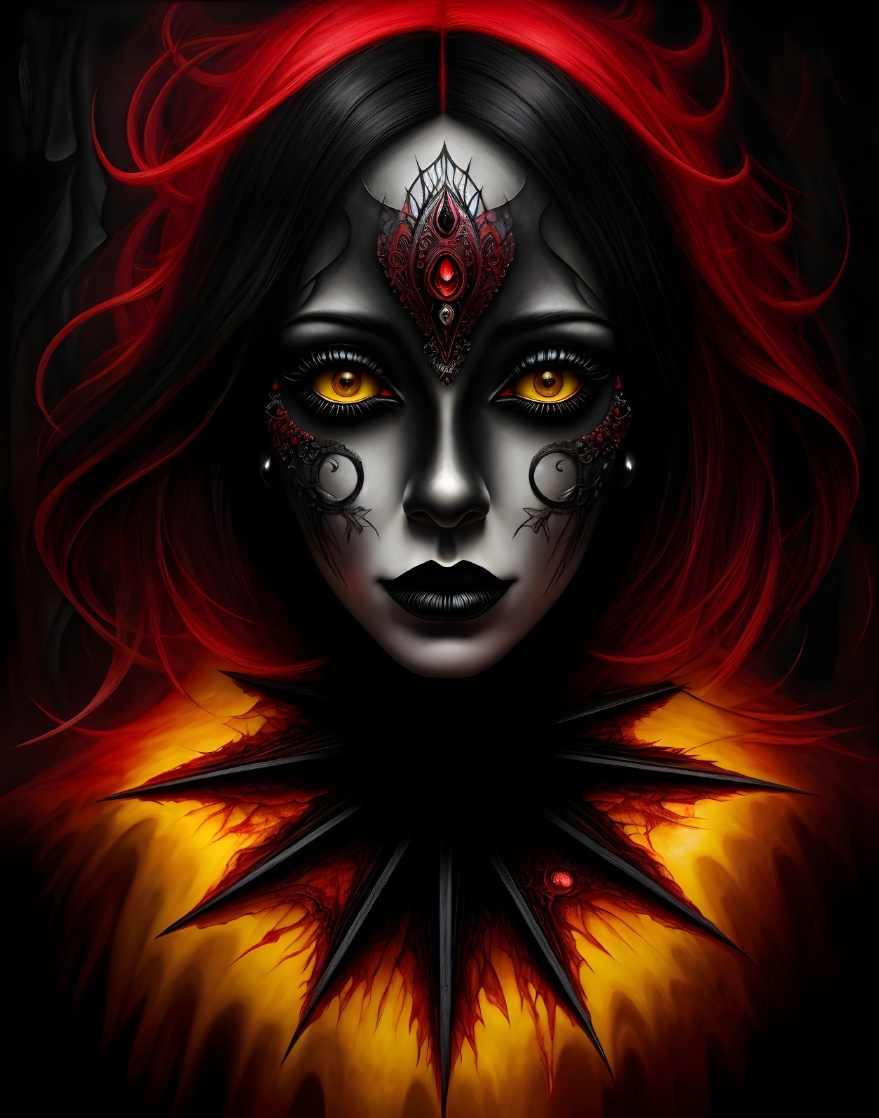 Portrait of a Woman with Black and Red Hair Hues