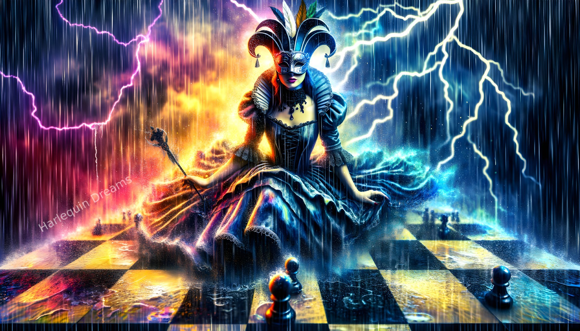 Stormy Scene with Masked Figure on Chessboard