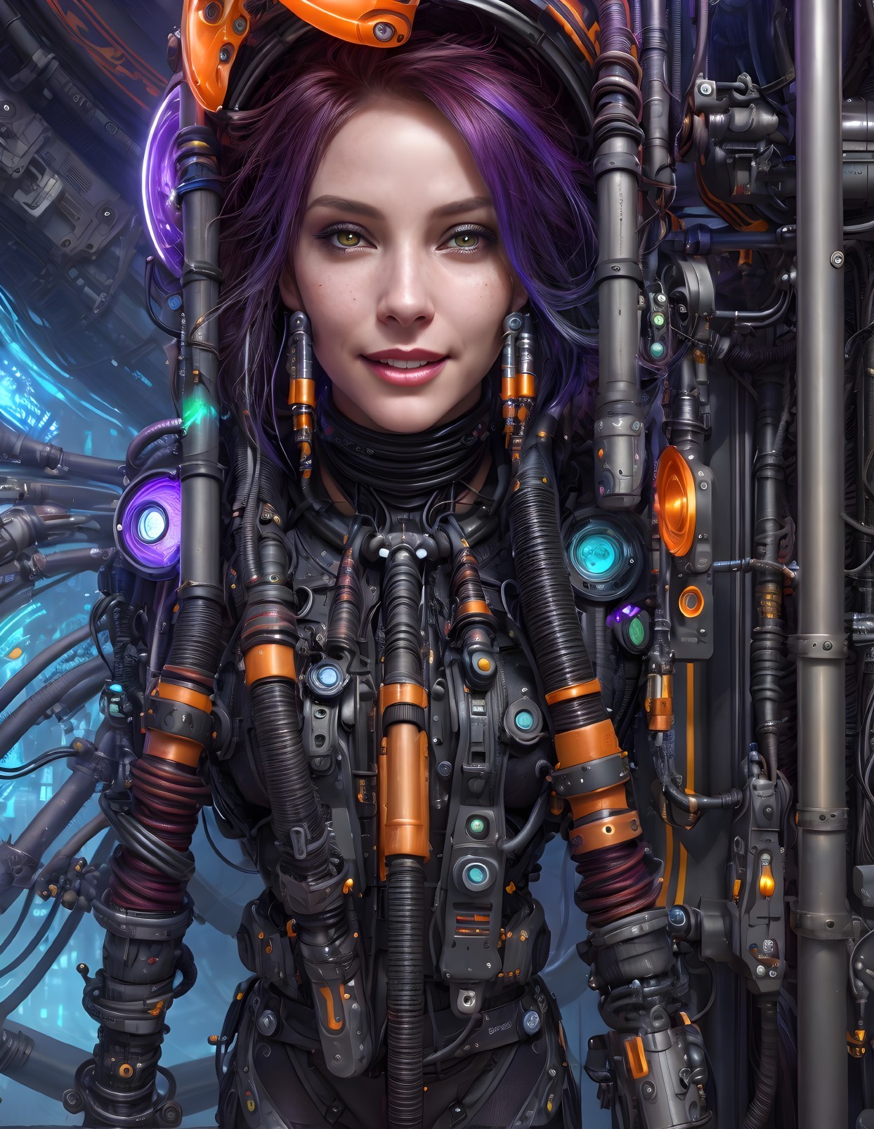 Cybernetic Woman with Purple Hair and Green Eyes Among Mechanical Parts