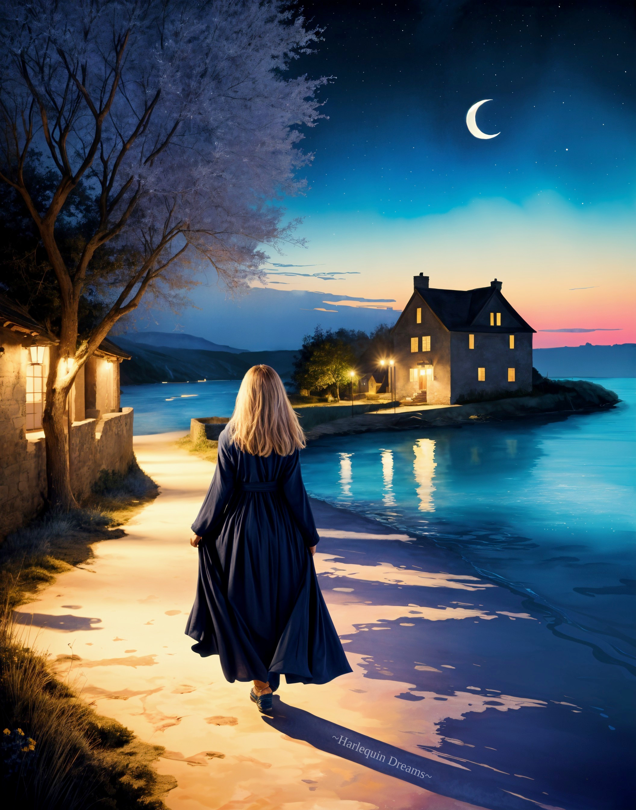 Twilight Scene of Woman by Water and Charming House