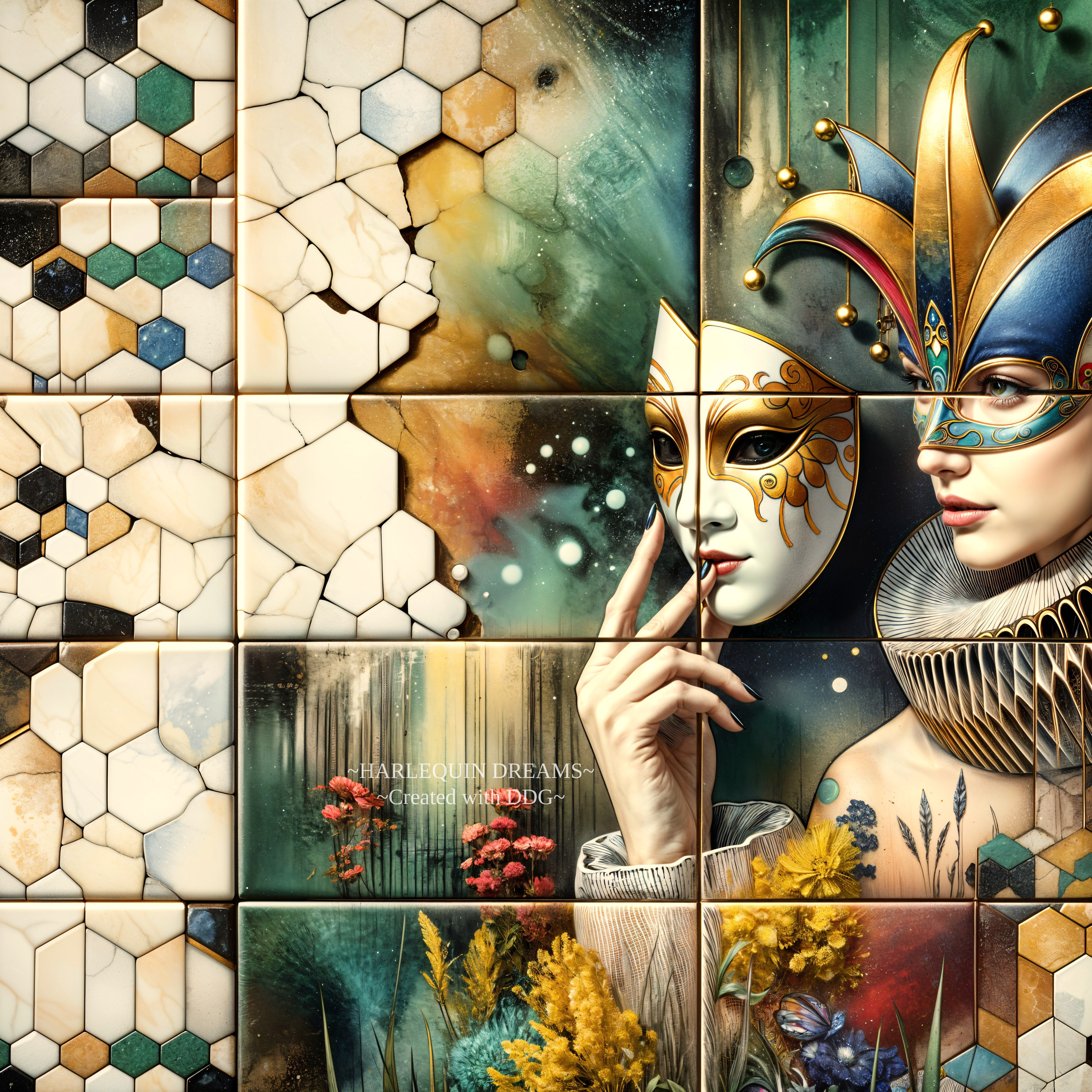 Vibrant Mosaic Artwork with Enigmatic Figure and Patterns