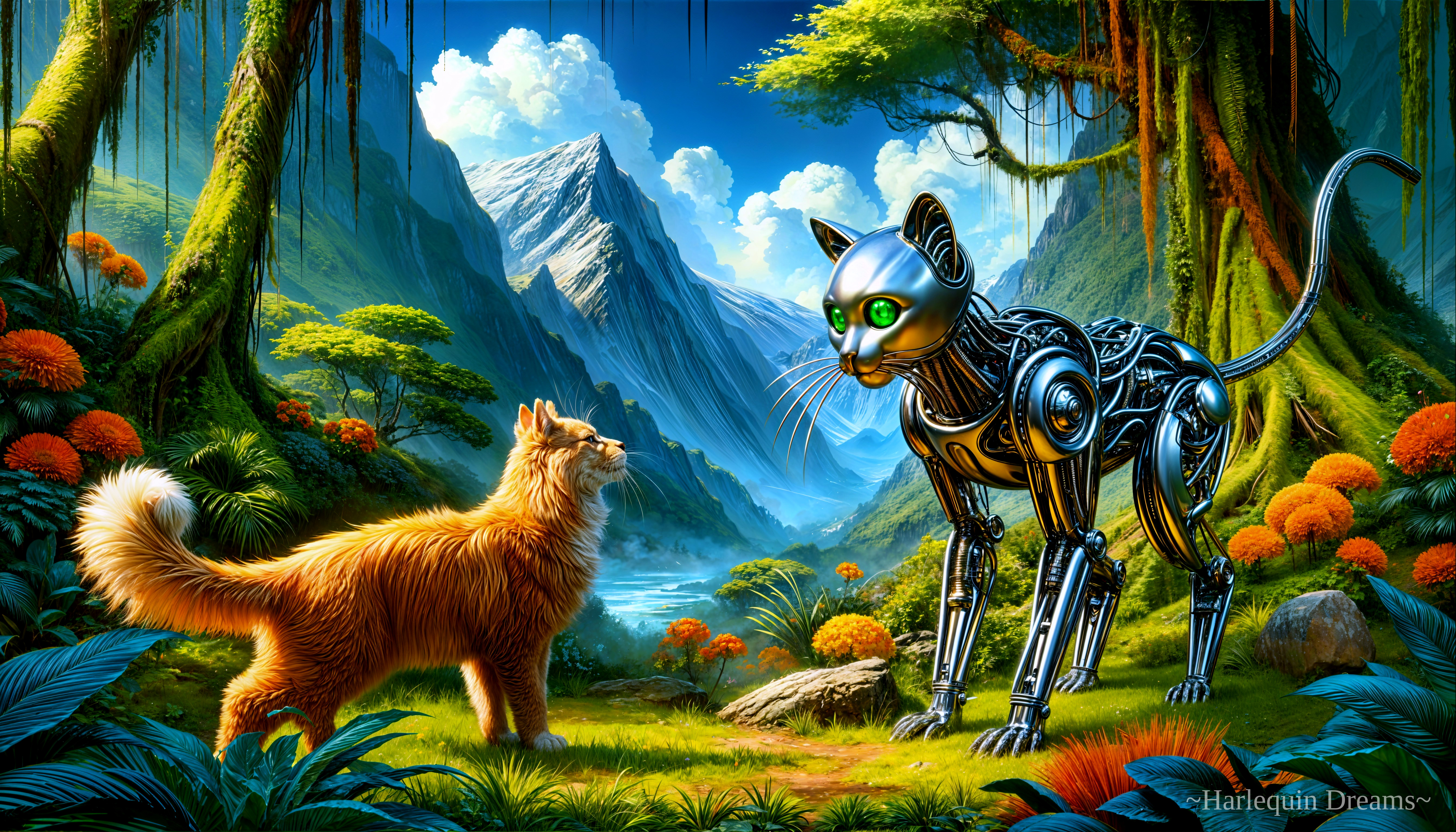 Robot Cat and Domestic Cat in Lush Landscape
