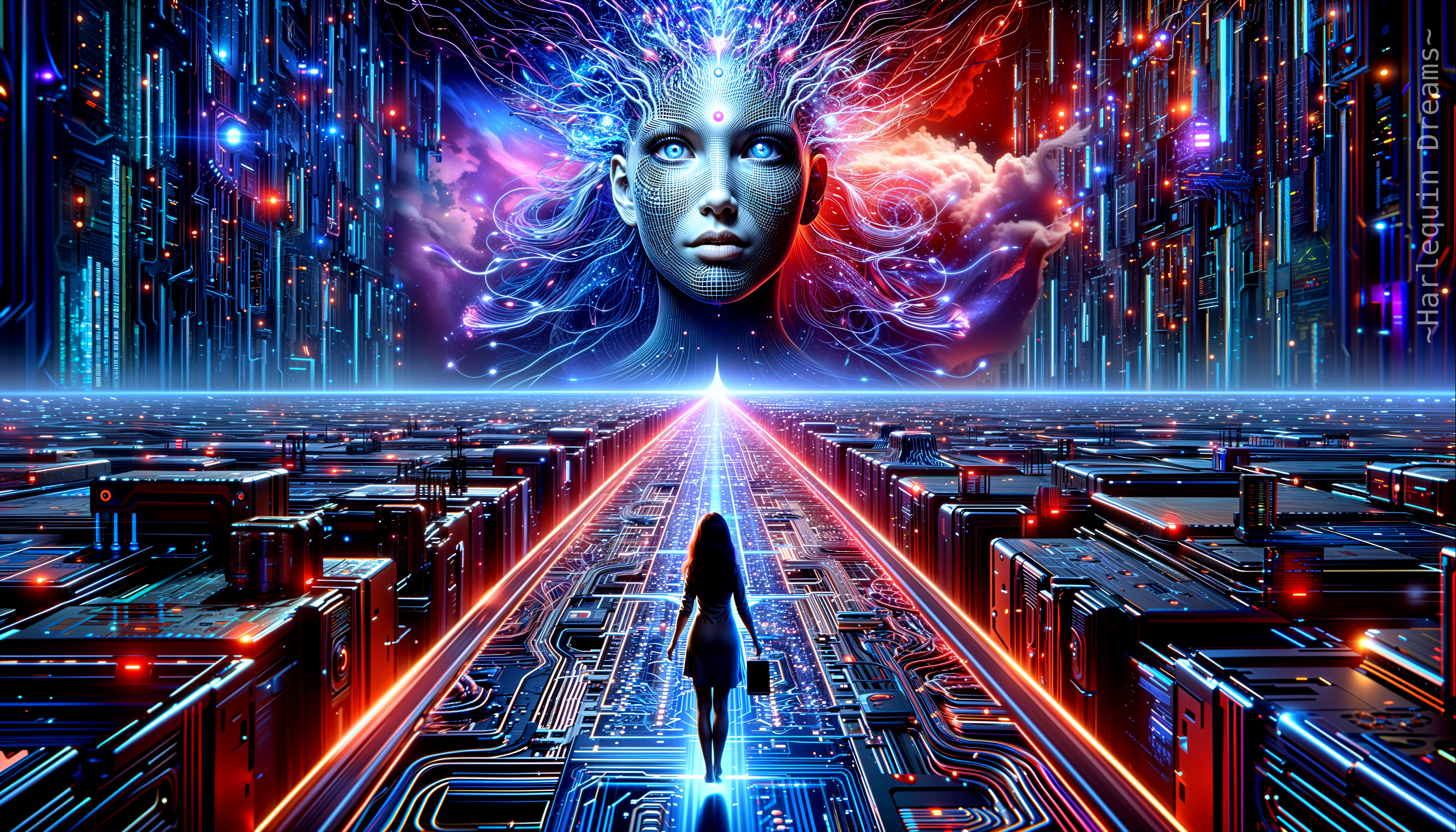 Surreal Digital Landscape with Ethereal Face and Circuit Path
