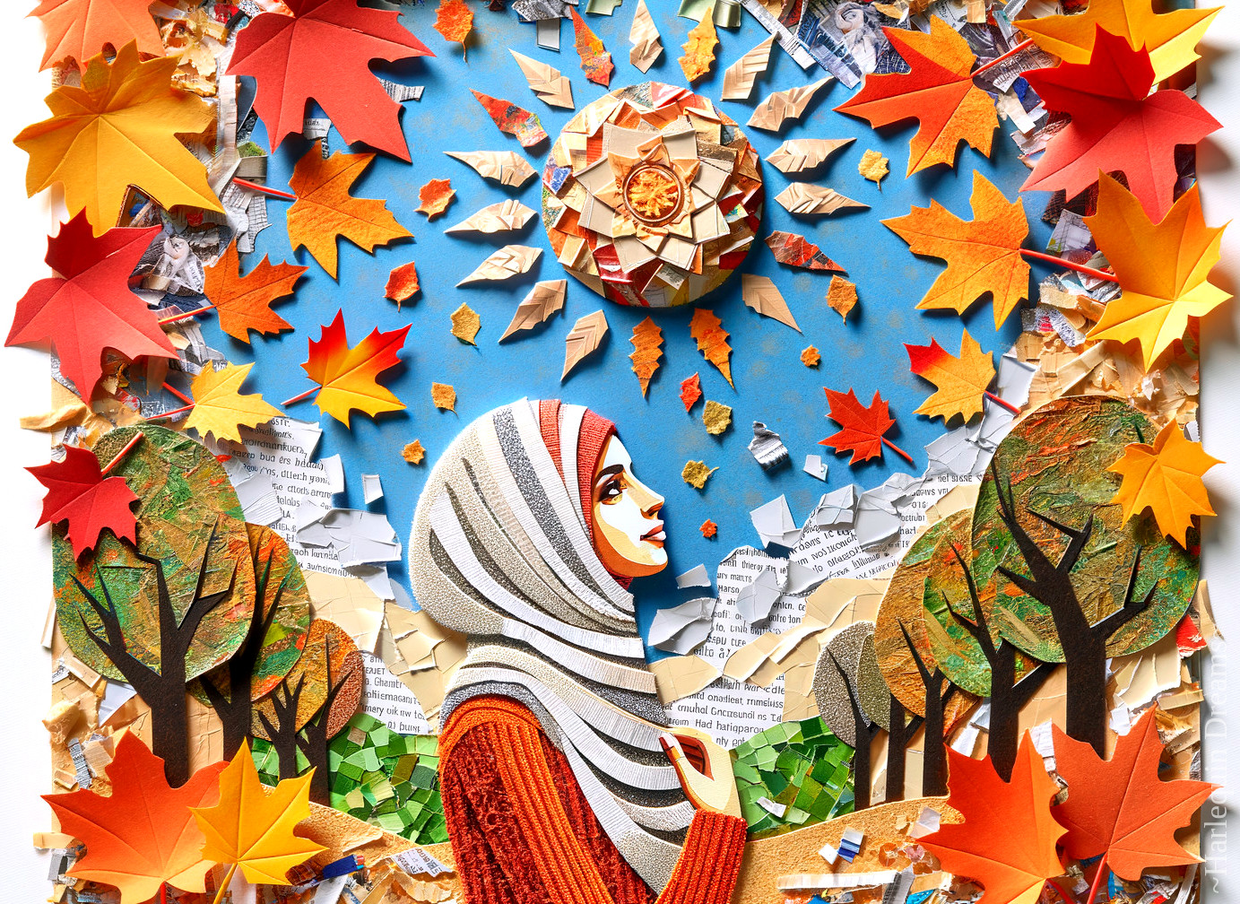 Vibrant Paper Collage of Woman and Autumn Scene