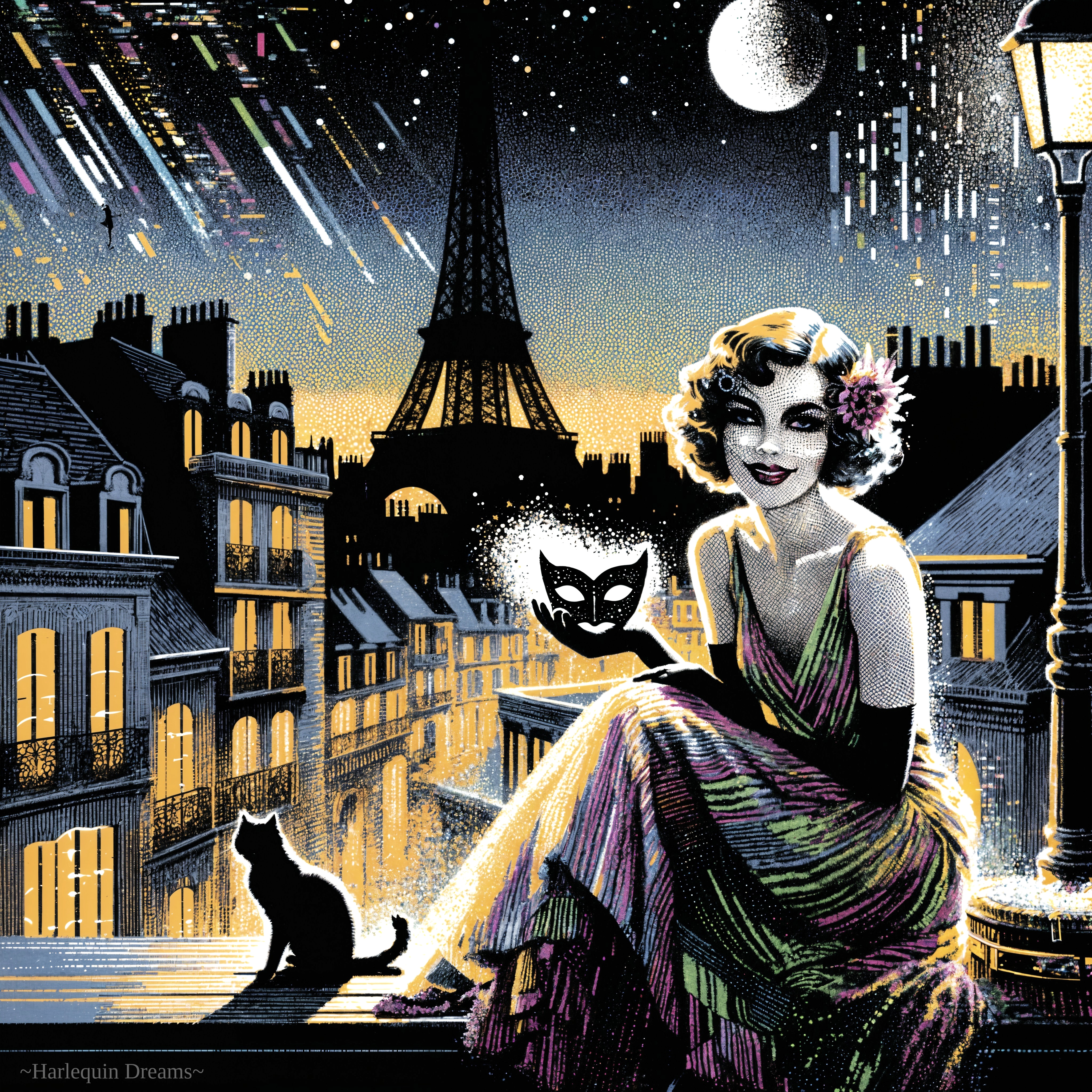 Glamorous Woman in Colorful Dress on Paris Rooftop