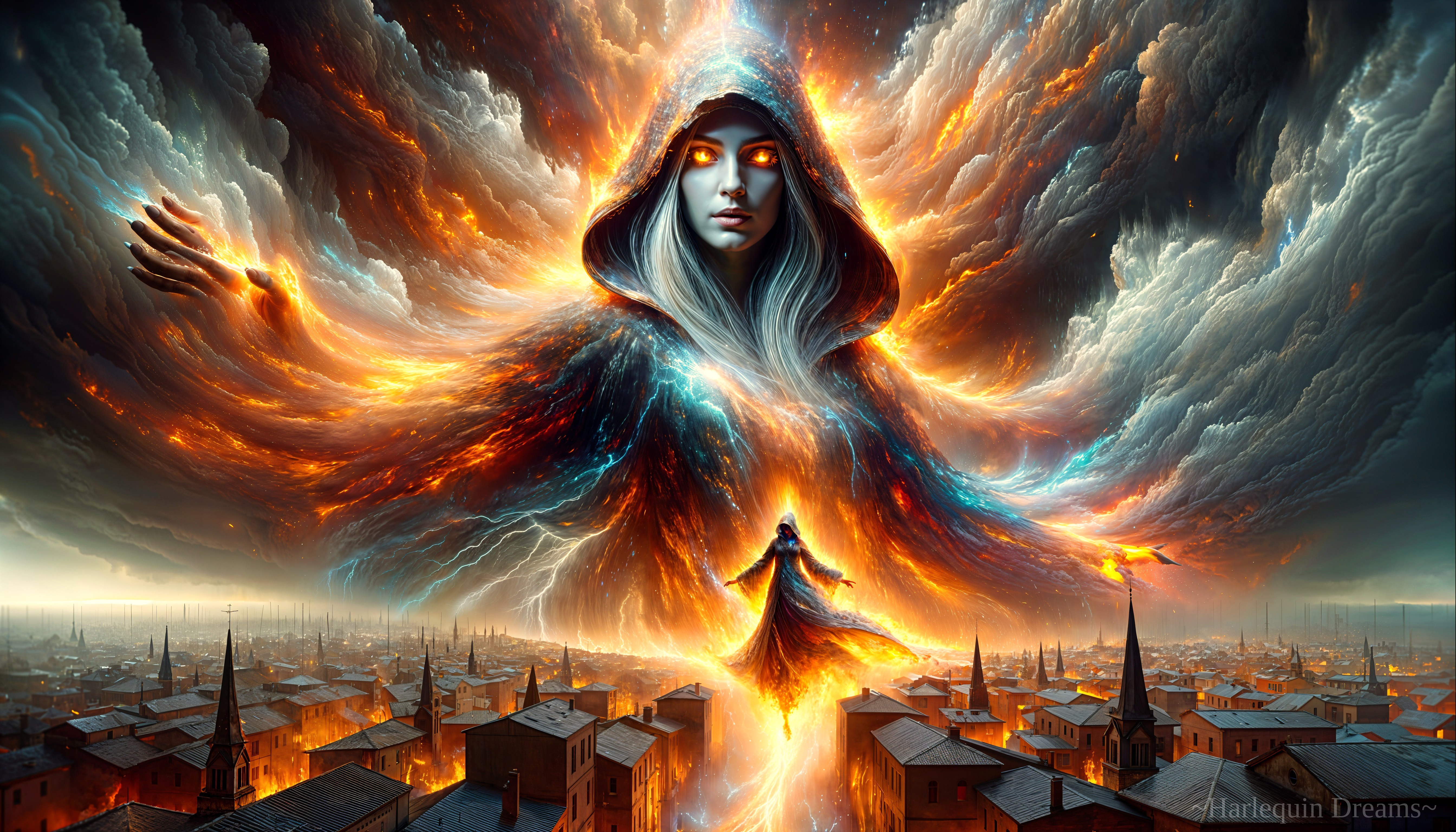 Mystical figure overseeing a glowing cityscape