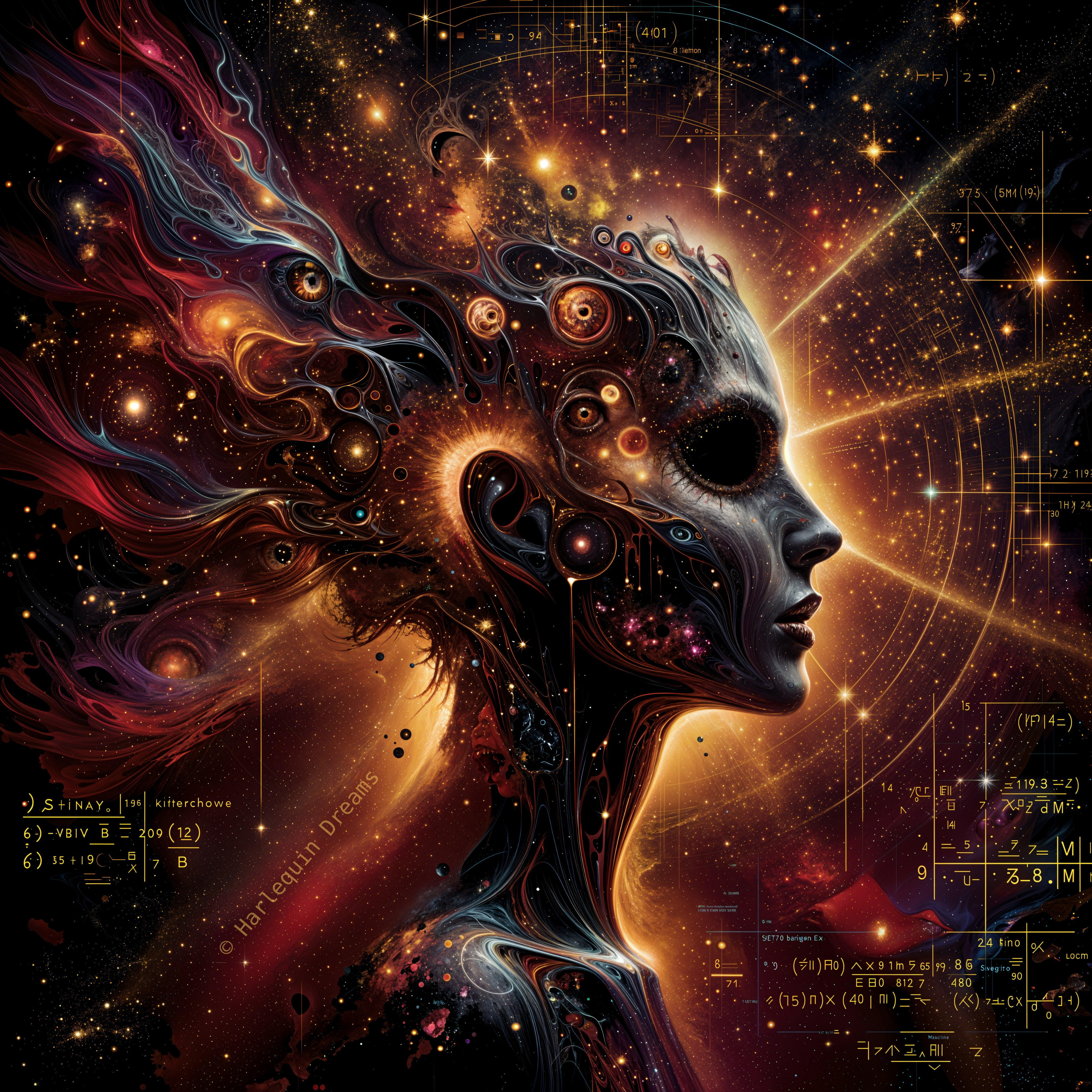 Cosmic Figure Surrounded by Galaxies and Symbols