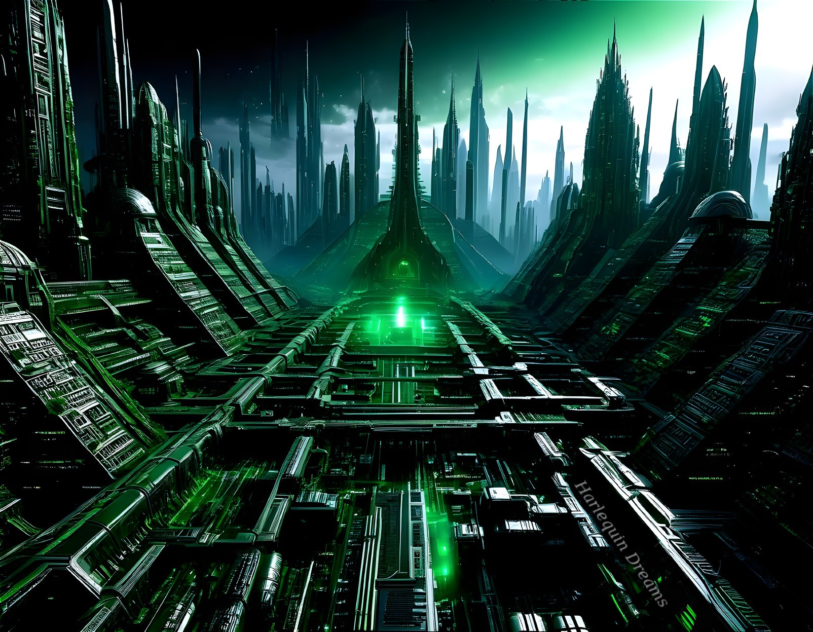 Futuristic cityscape with towering spires and green hue