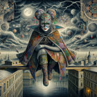 Dramatic Stormy Scene with Central Figure on Rooftop