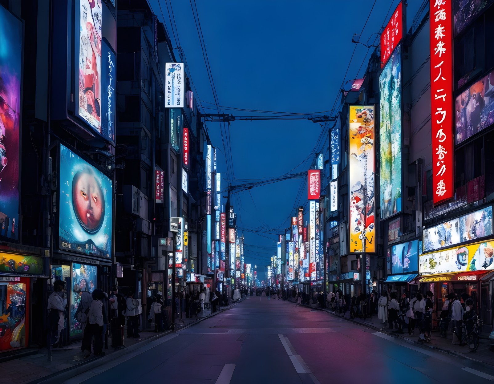 Vibrant Japanese script neon signs on bustling city street at dusk