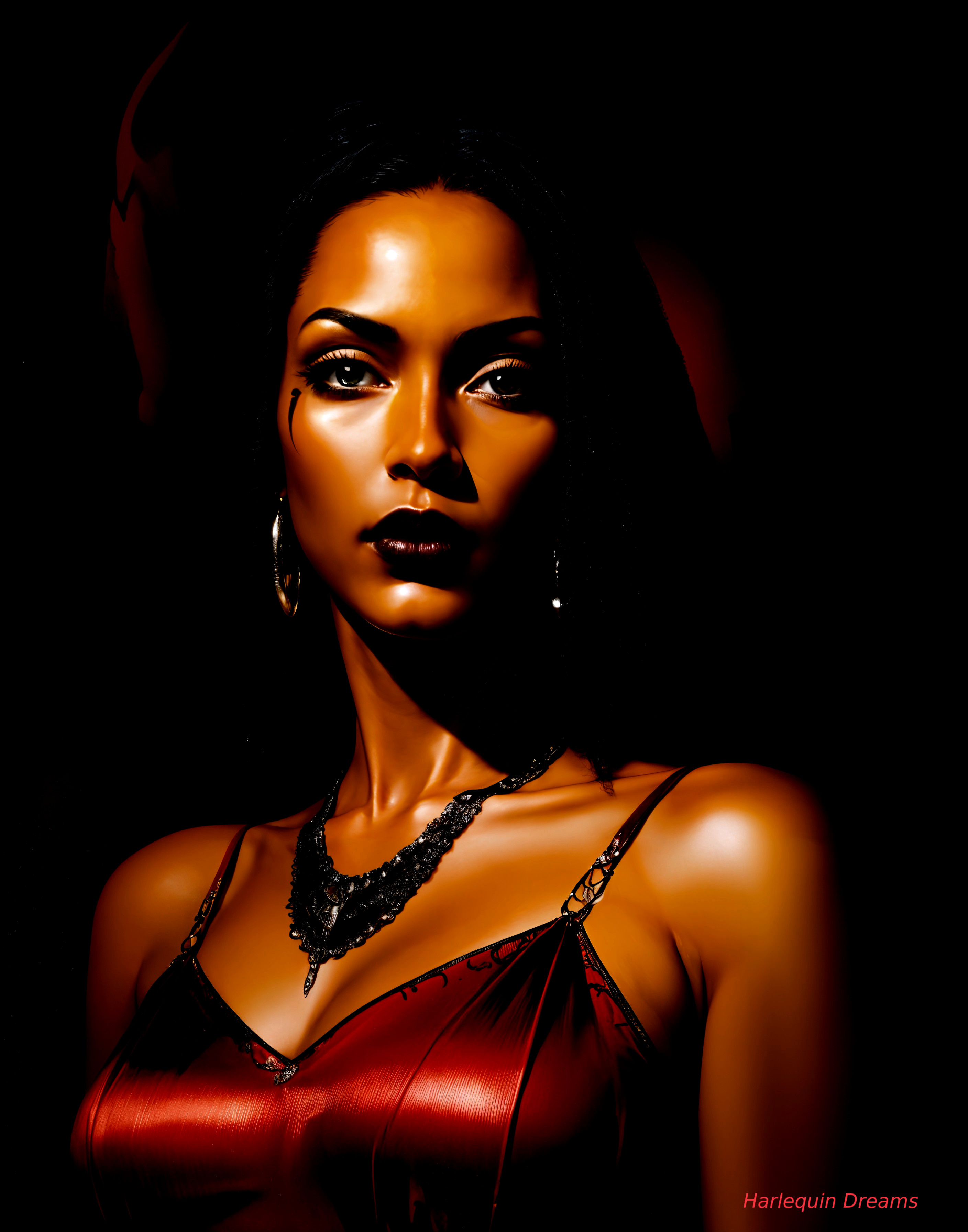 Striking Woman in Dark Red Dress with Dramatic Lighting