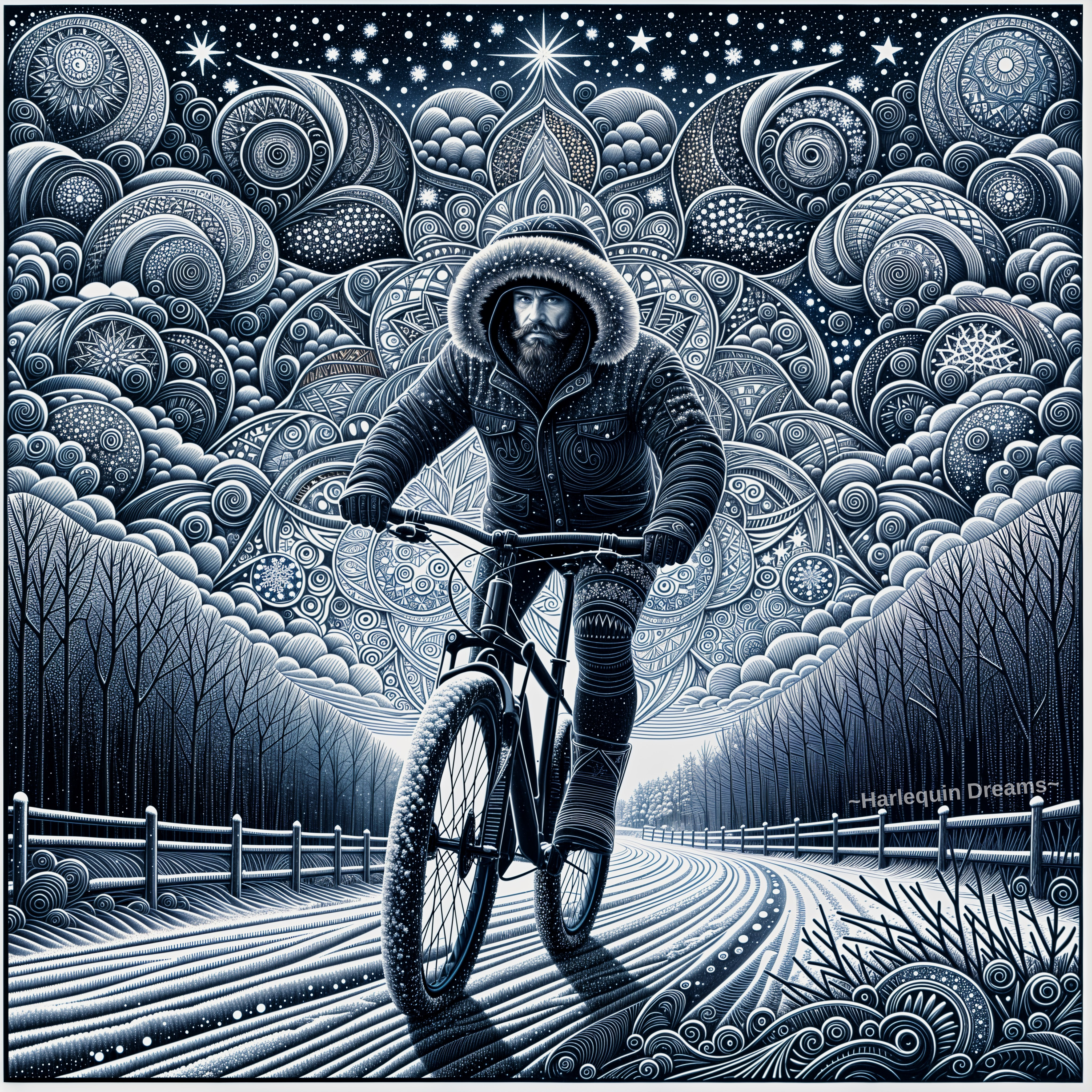 Man Bicycles Through Snowy Celestial Landscape