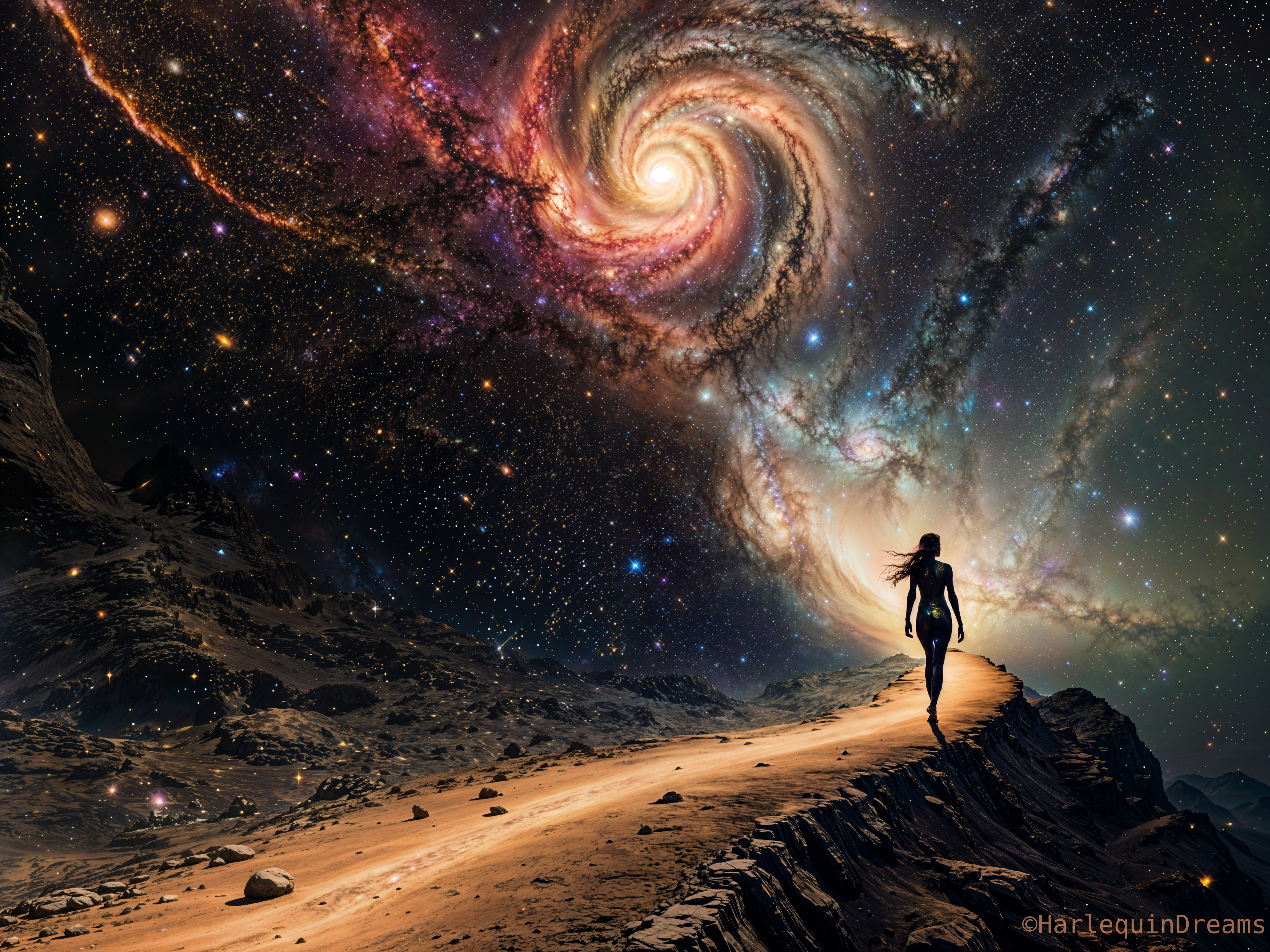 Silhouette of a Woman on a Cosmic Landscape Path