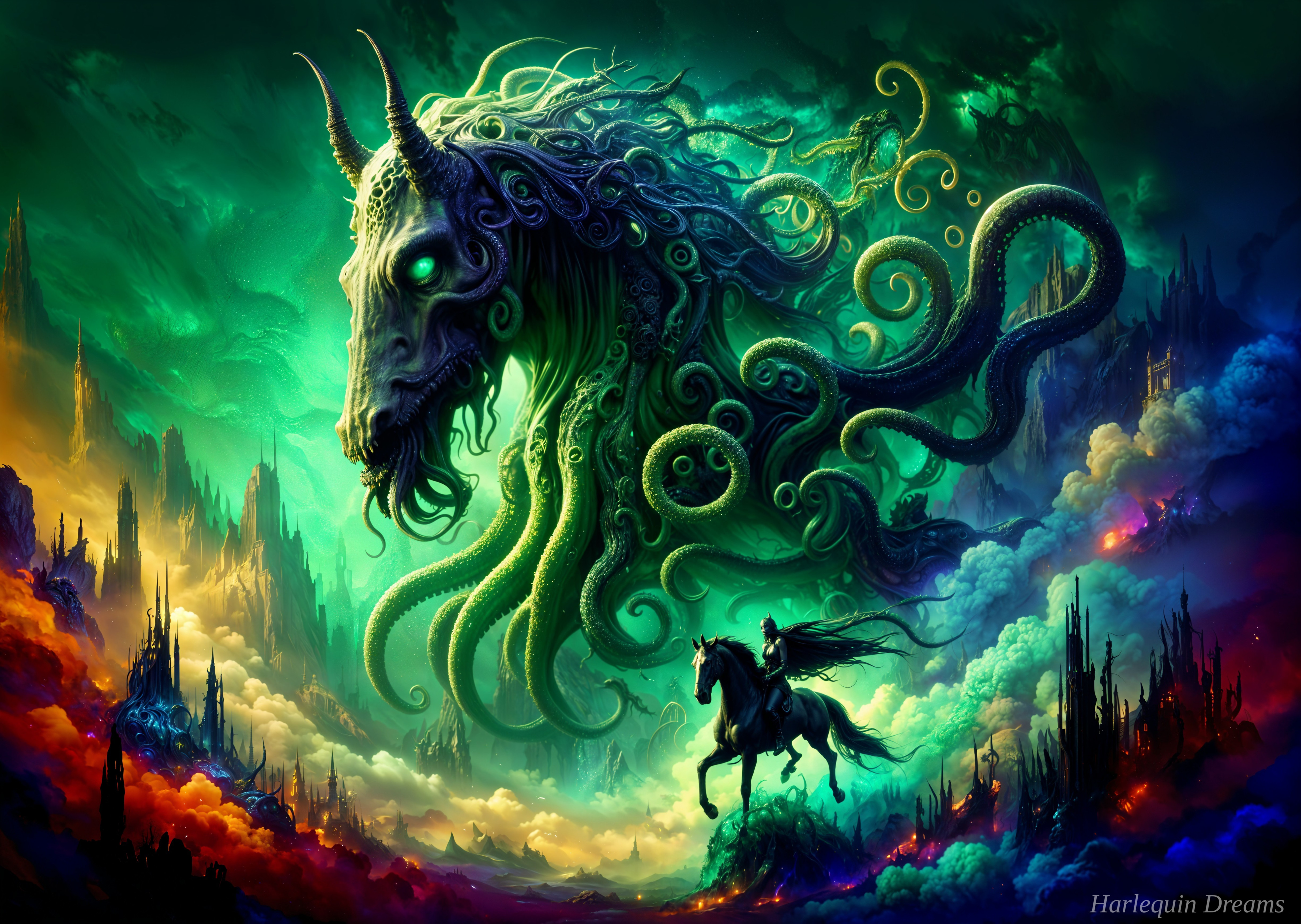 Surreal Landscape with Mythical Horse and Cloaked Figure