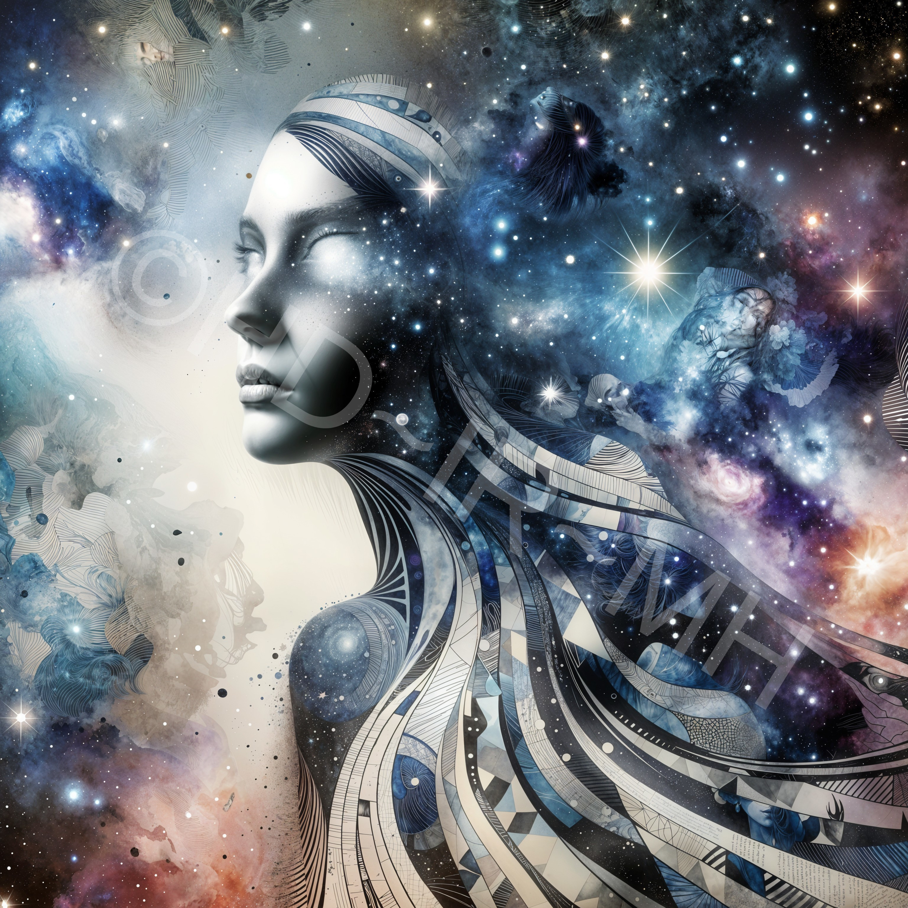 Surreal Woman's Profile Merging with Cosmic Elements