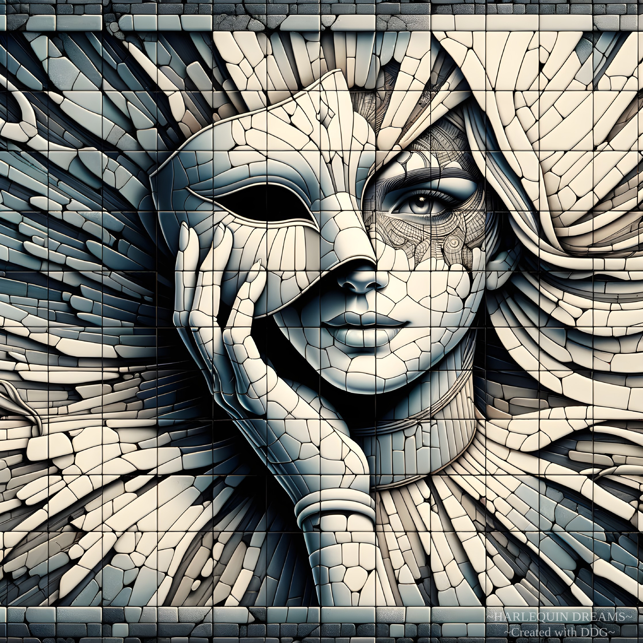 Mosaic of a woman's face with a mask and patterns