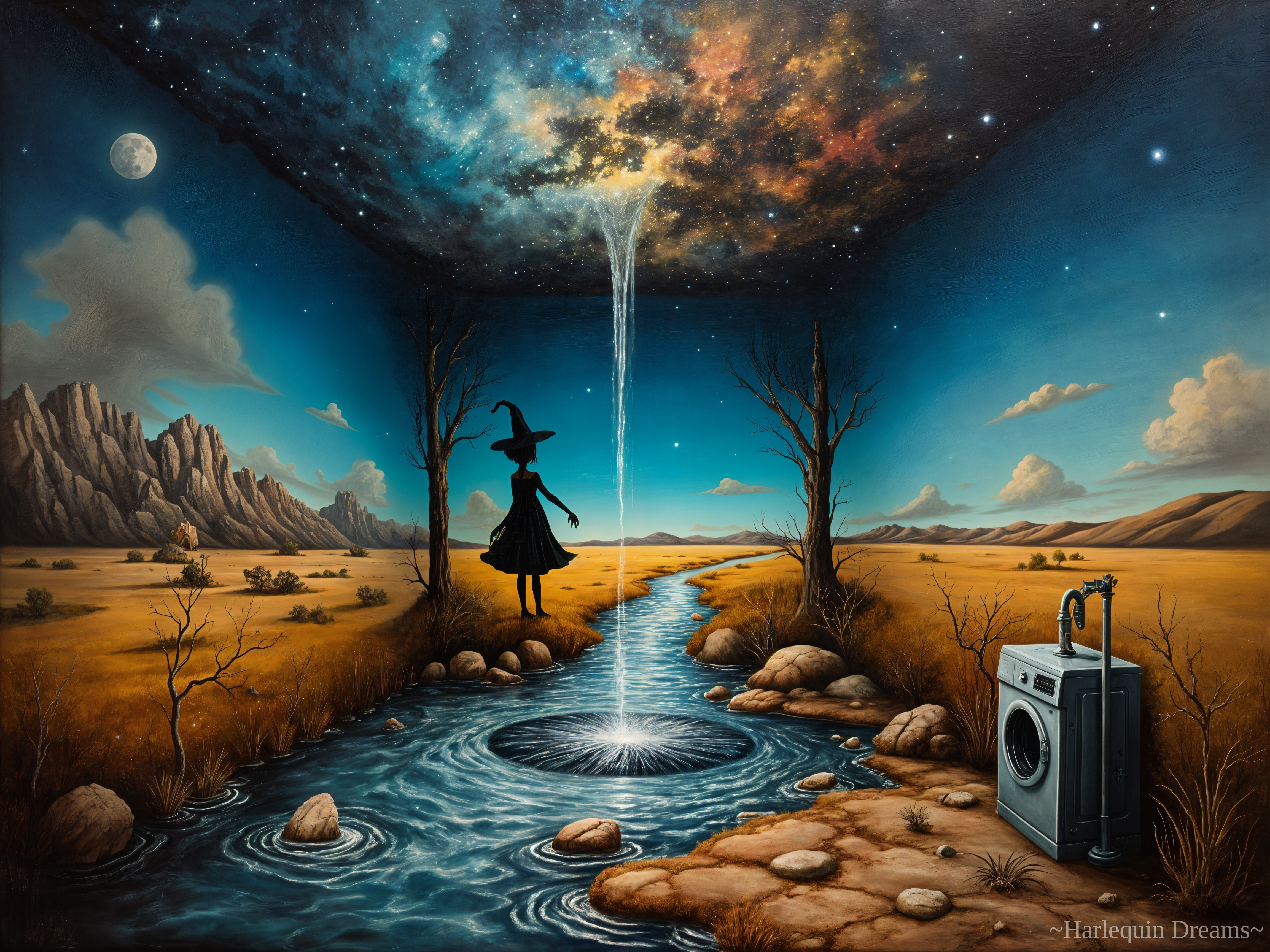 Surreal Landscape with Witch and Cosmic Sky Elements