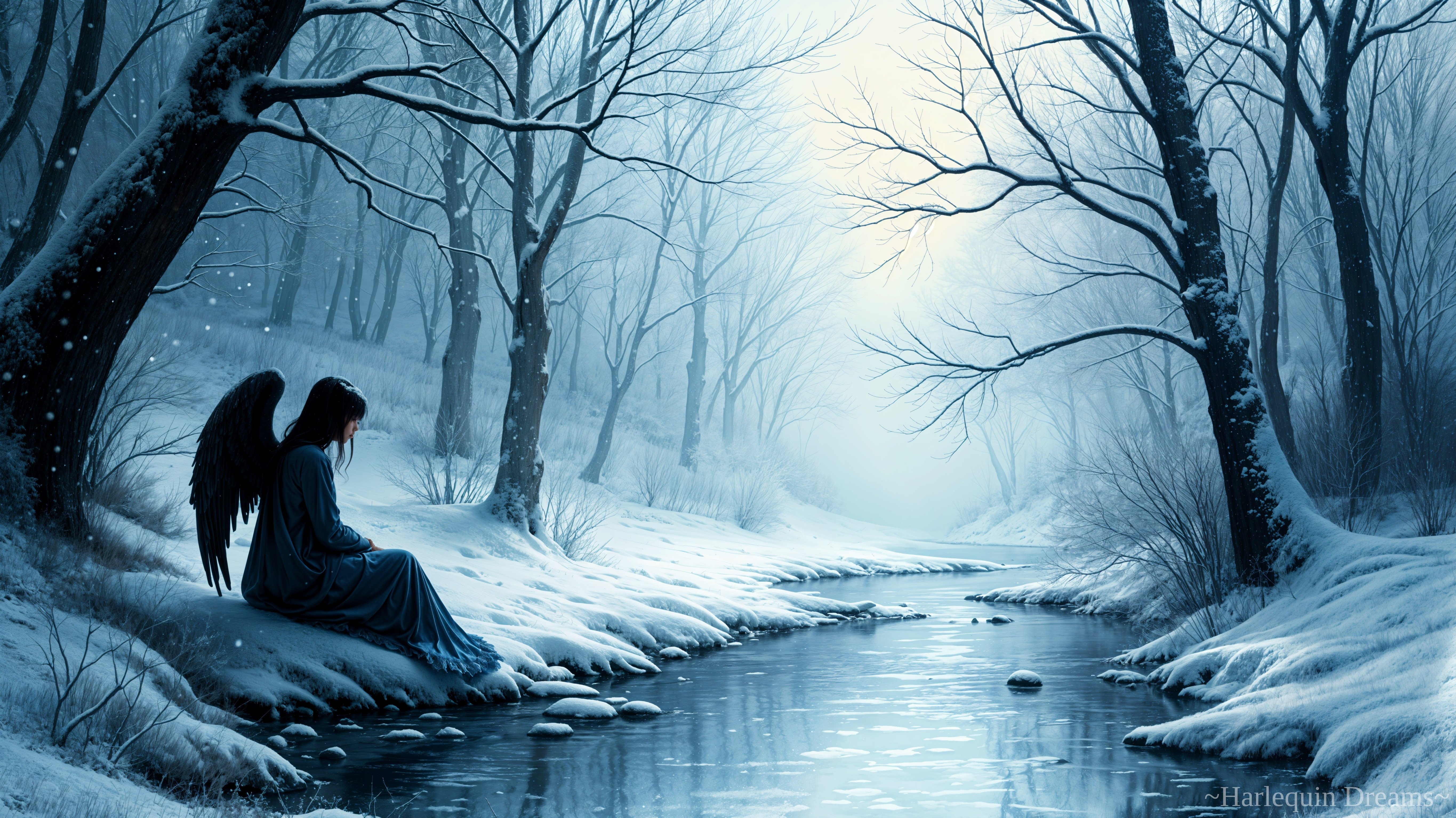 Serene snowy landscape with angelic figure by stream