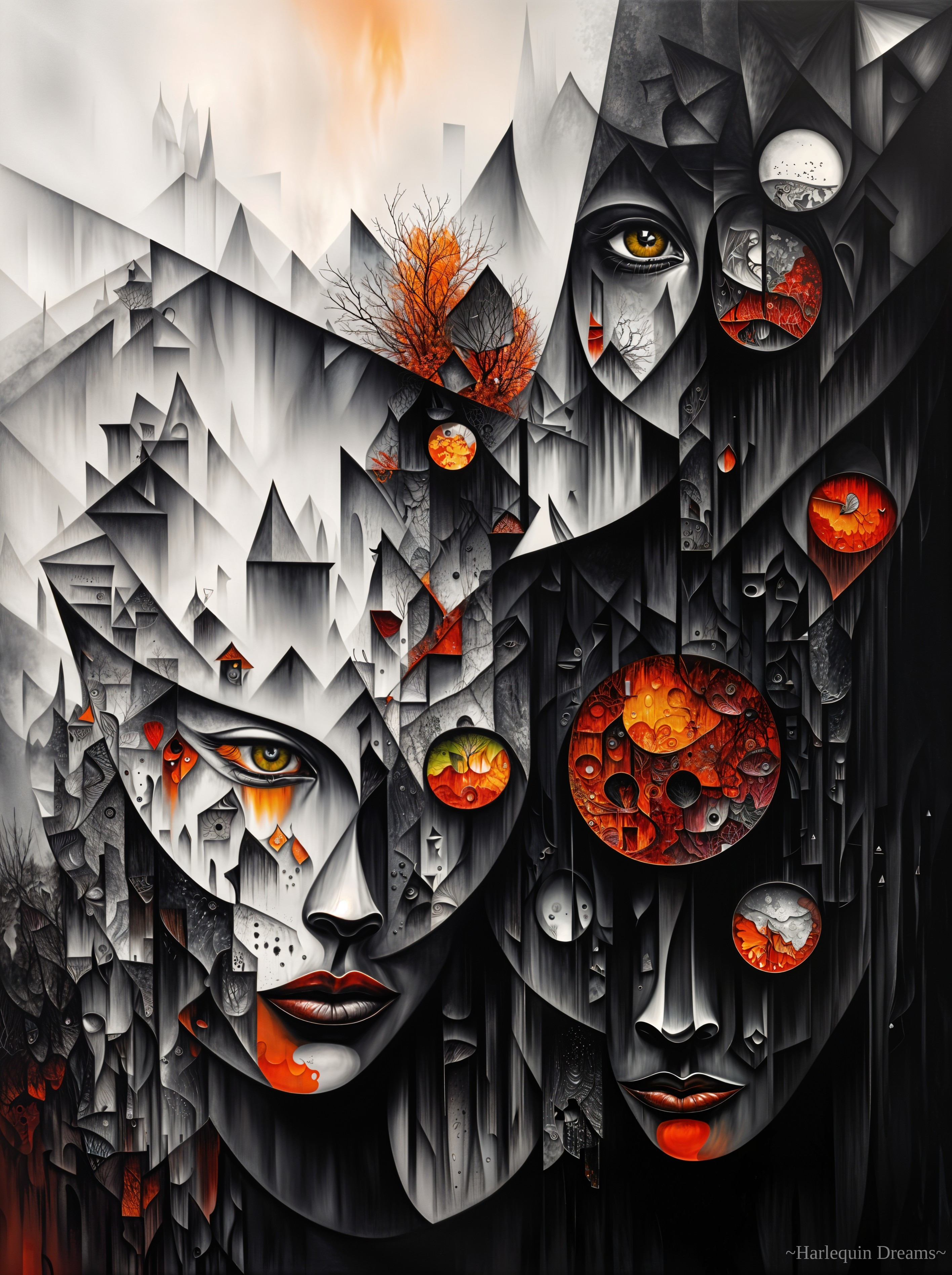 Surreal Artwork with Abstract Faces in Dark Landscape