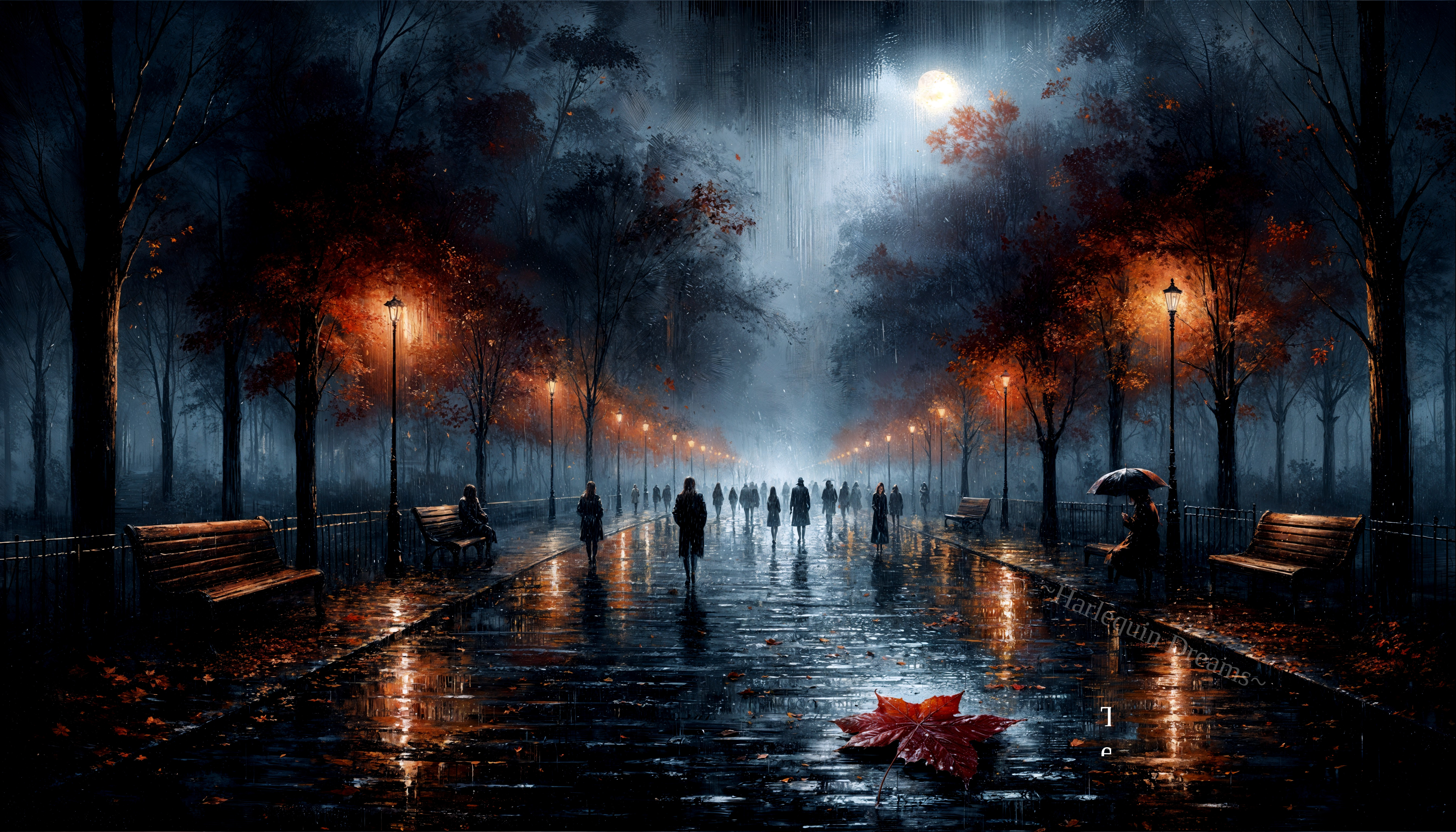 Misty Evening Park Scene with Glowing Street Lamps