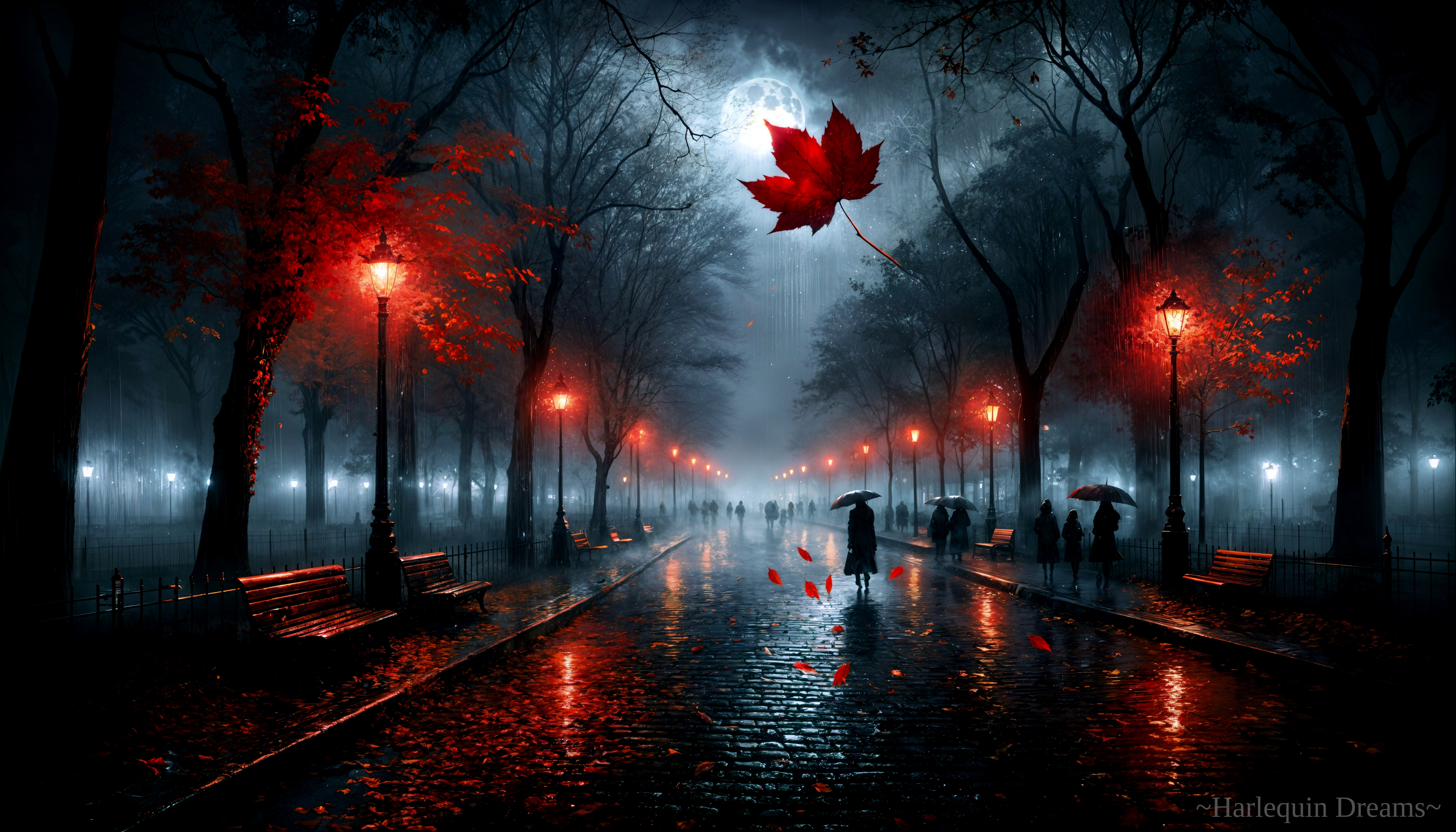 Misty Moonlit Street with Red Lamps and Autumn Leaves