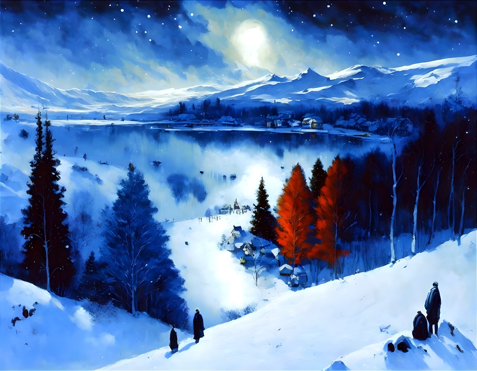 Serene Winter Landscape with Lake and Snowy Mountains