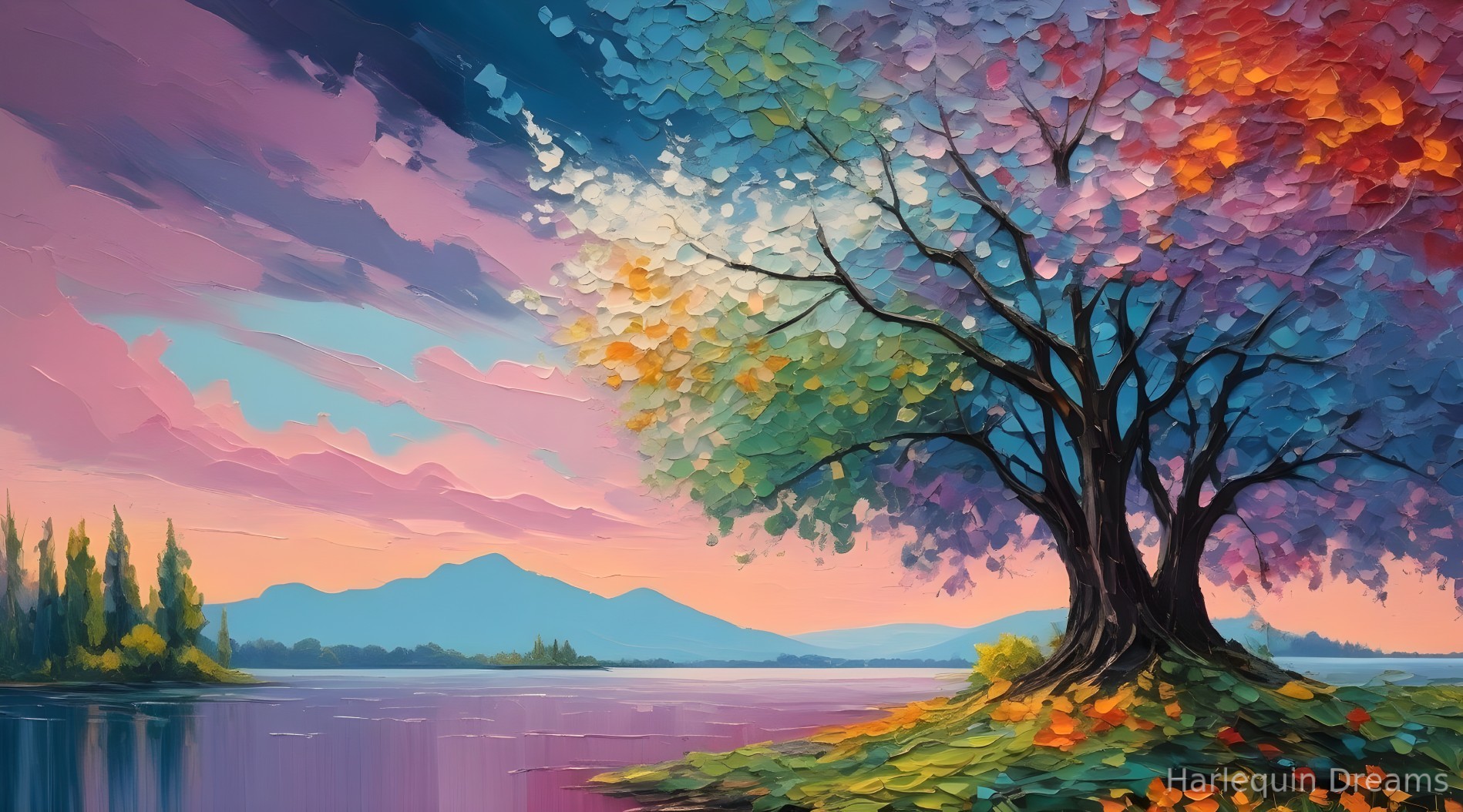 Vibrant Landscape with Majestic Tree and Serene Lake