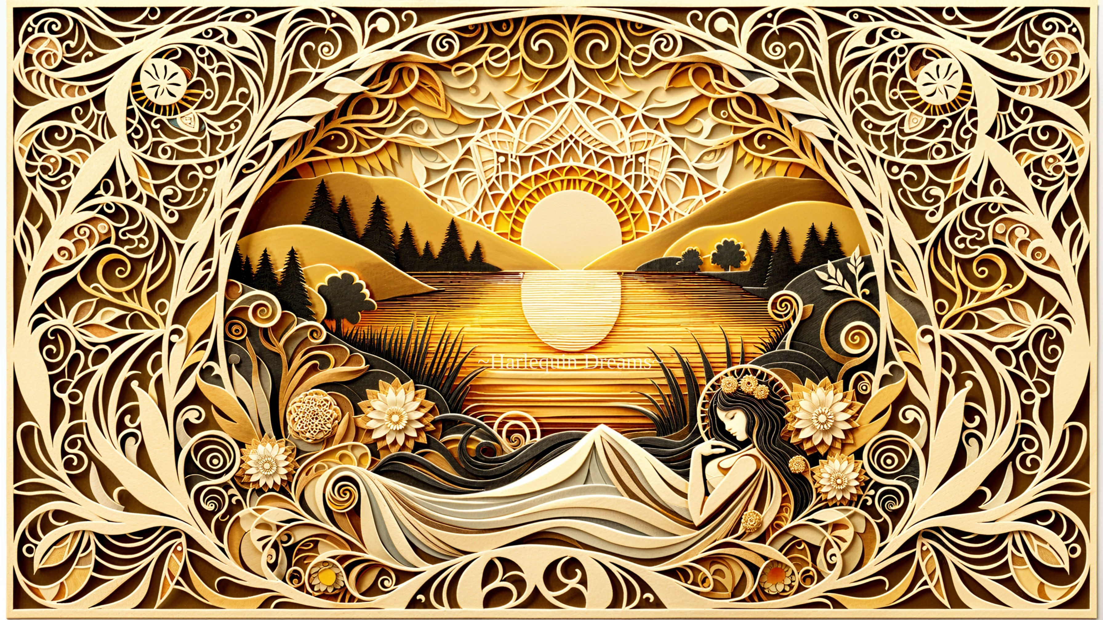 Serene Paper-Cut Design of Sunset Landscape