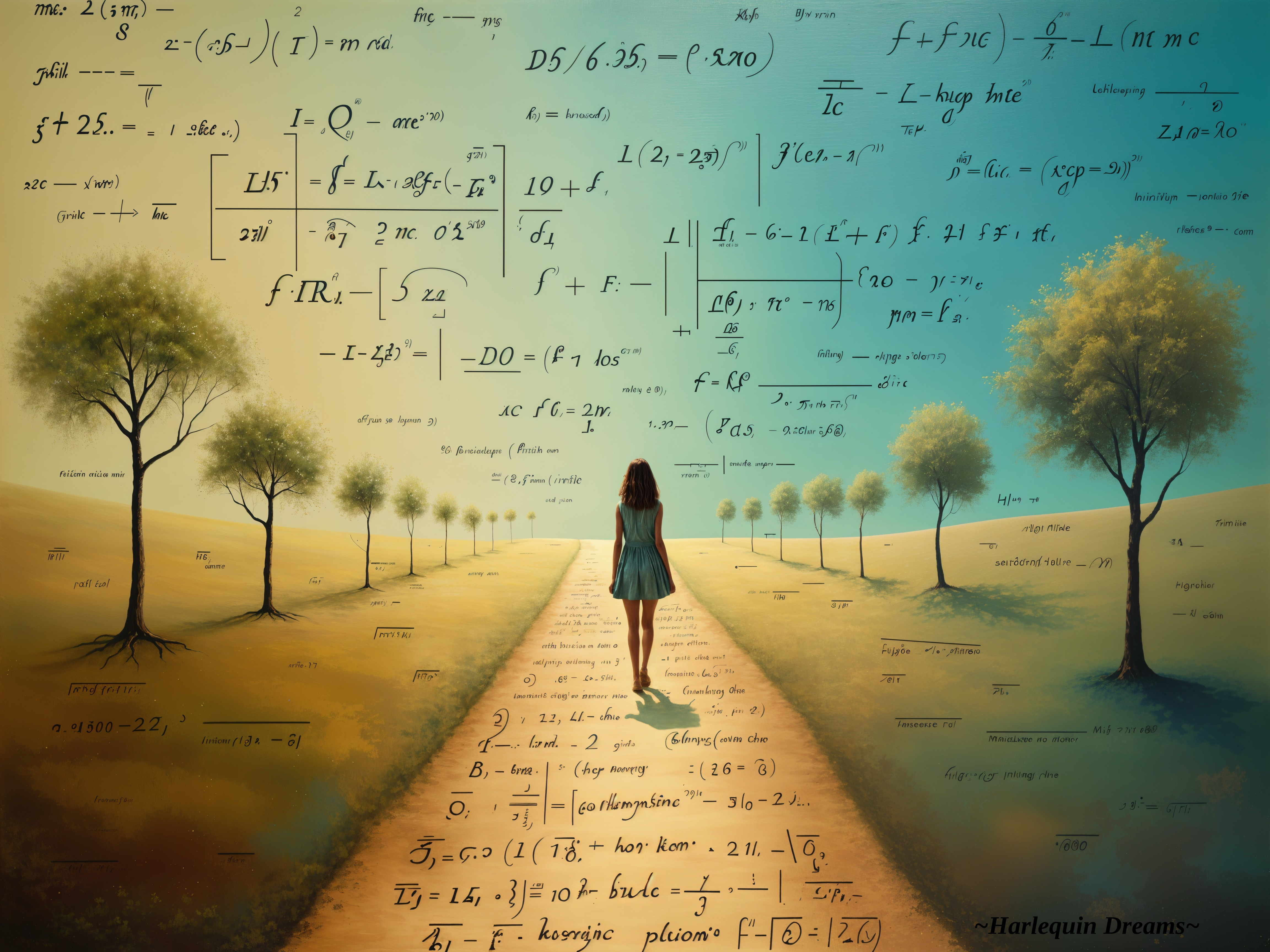 Young girl on winding path in dreamlike landscape