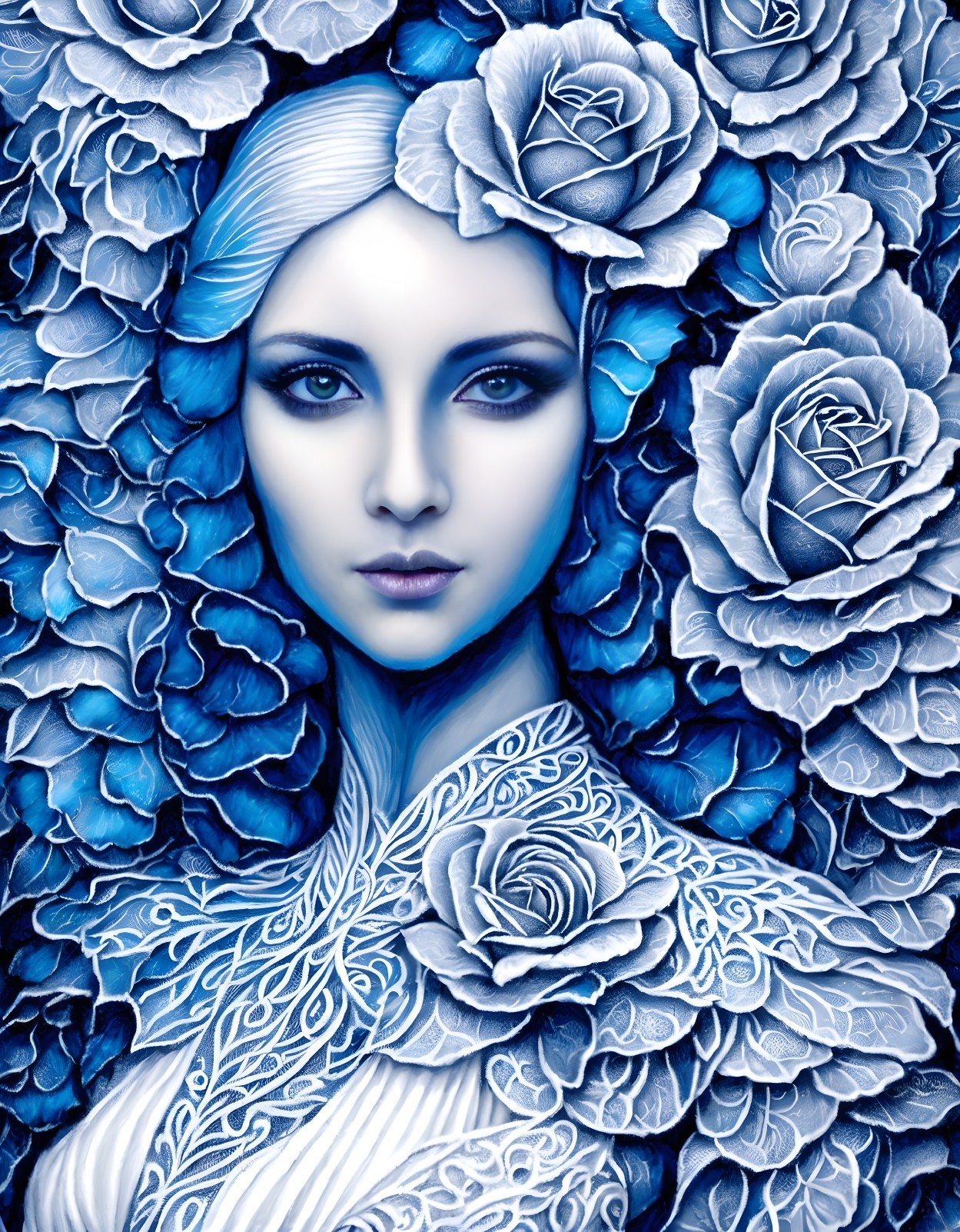 Detailed blue-skinned woman surrounded by intricate blue roses - mystical and serene aura