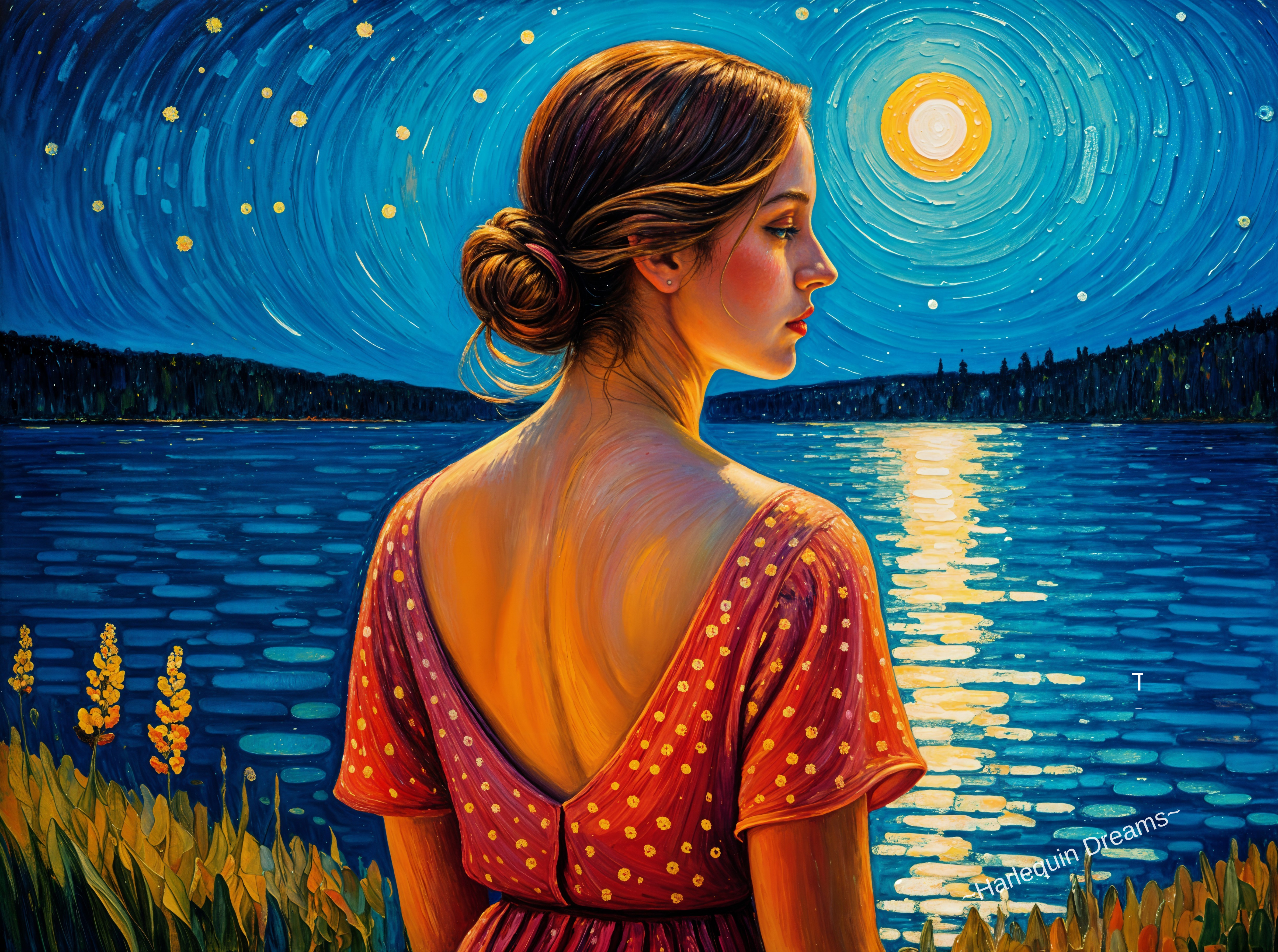 Serene Evening Scene with Woman by Shimmering Lake