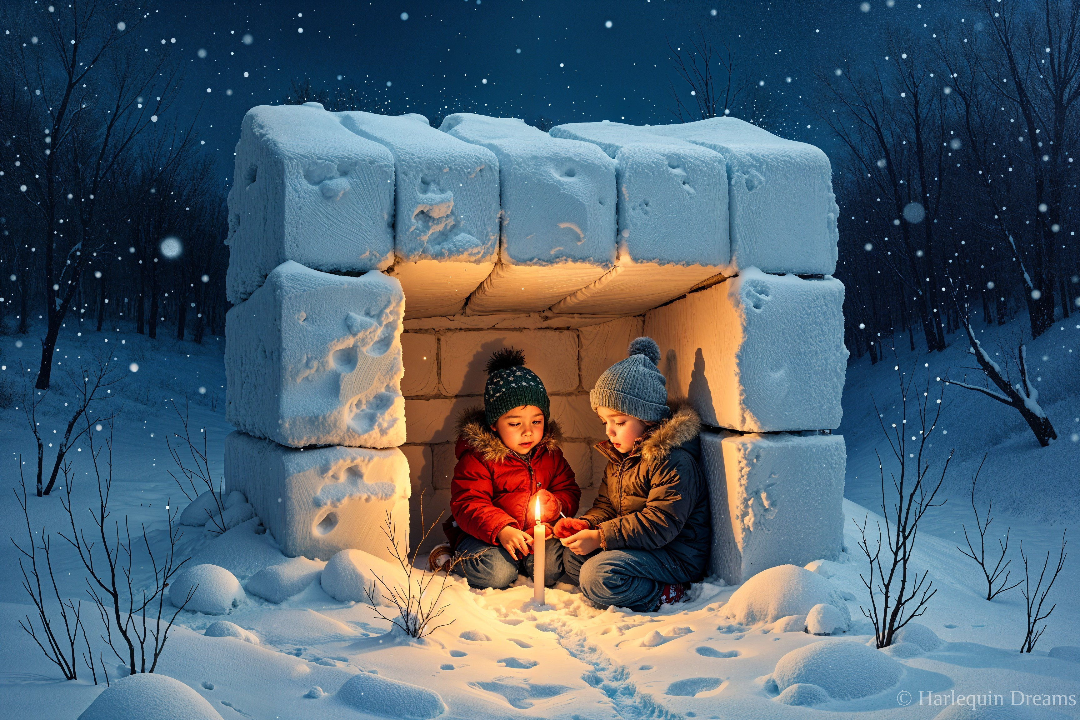 Children in a cozy igloo during a winter night