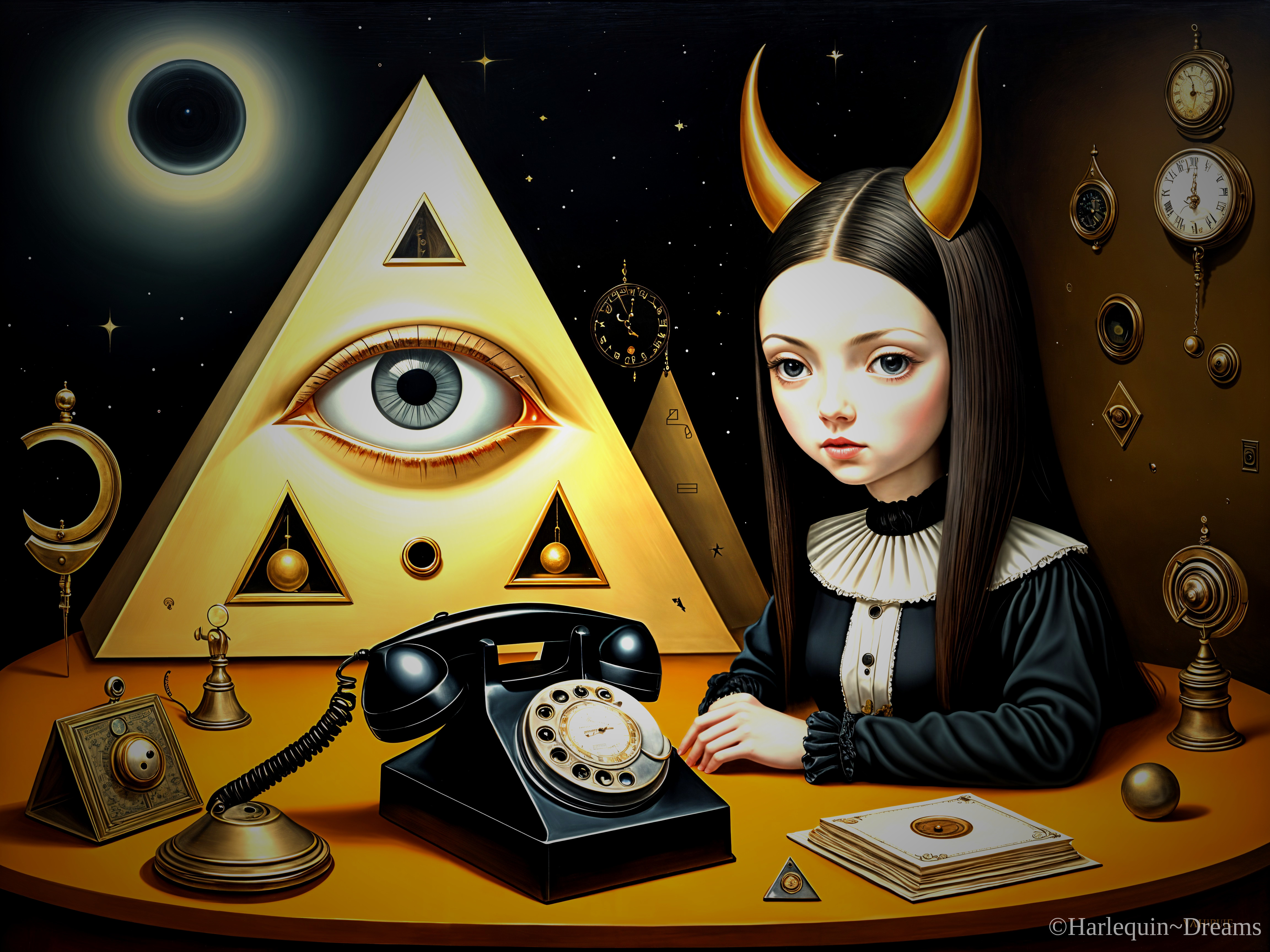 Surreal Scene with Girl, Eye, and Astrological Symbols