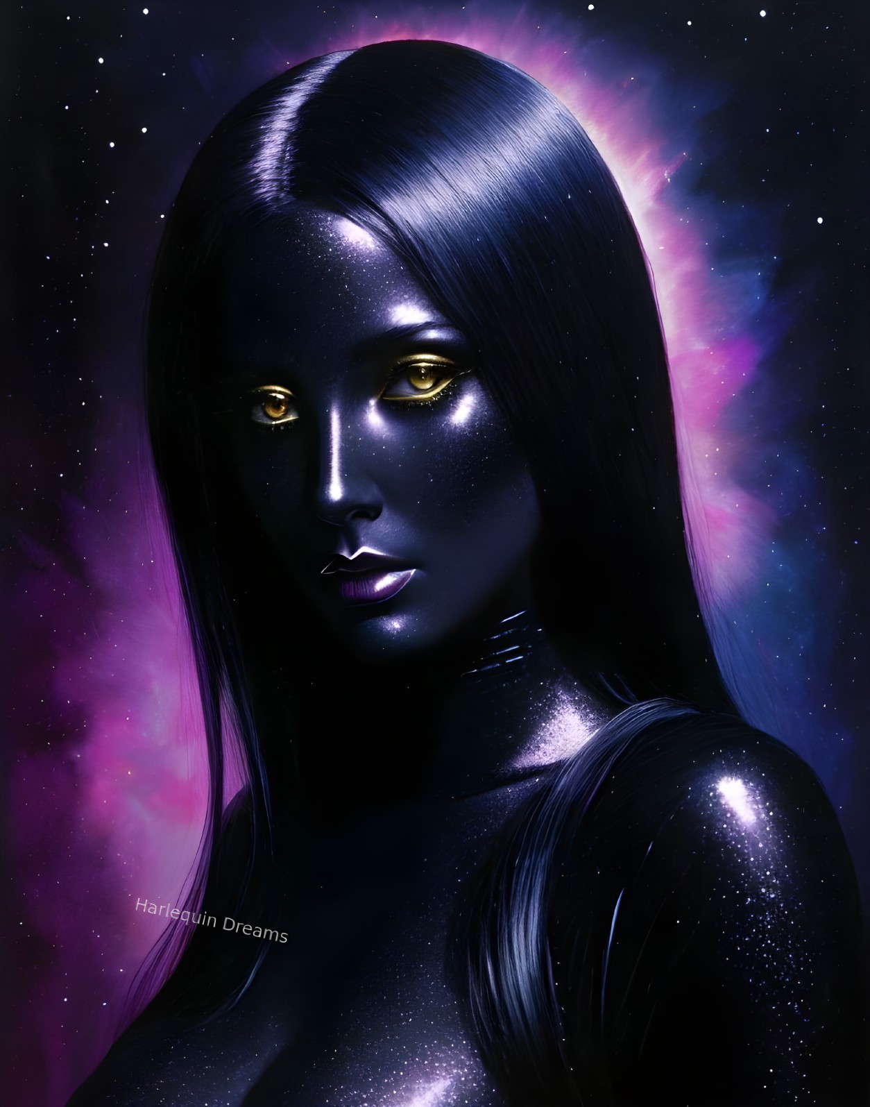 Cosmic Figure with Black Skin and Nebula Background