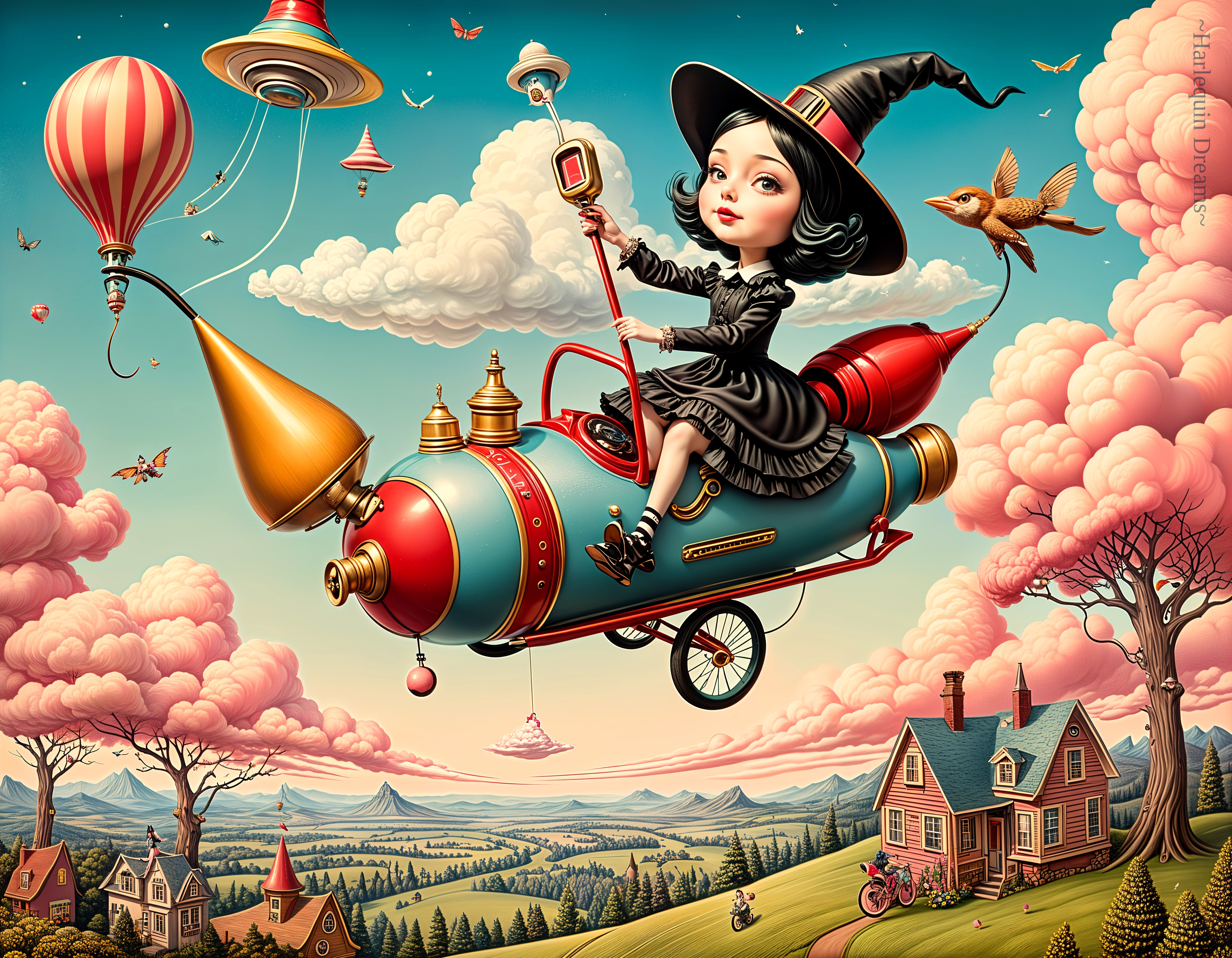 Young witch in vintage flying contraption over village