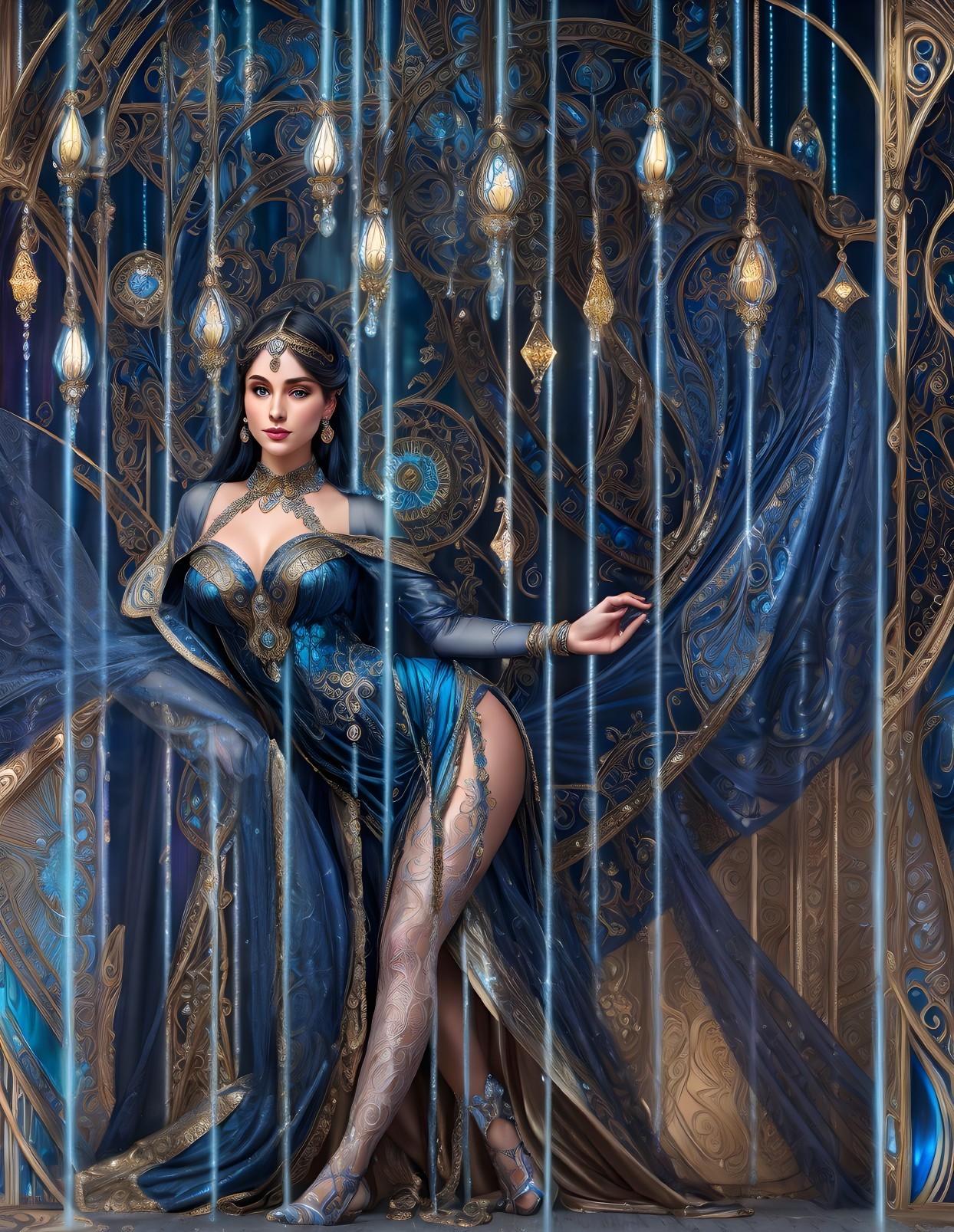 Woman in ornate blue dress surrounded by luxurious curtains and golden patterns