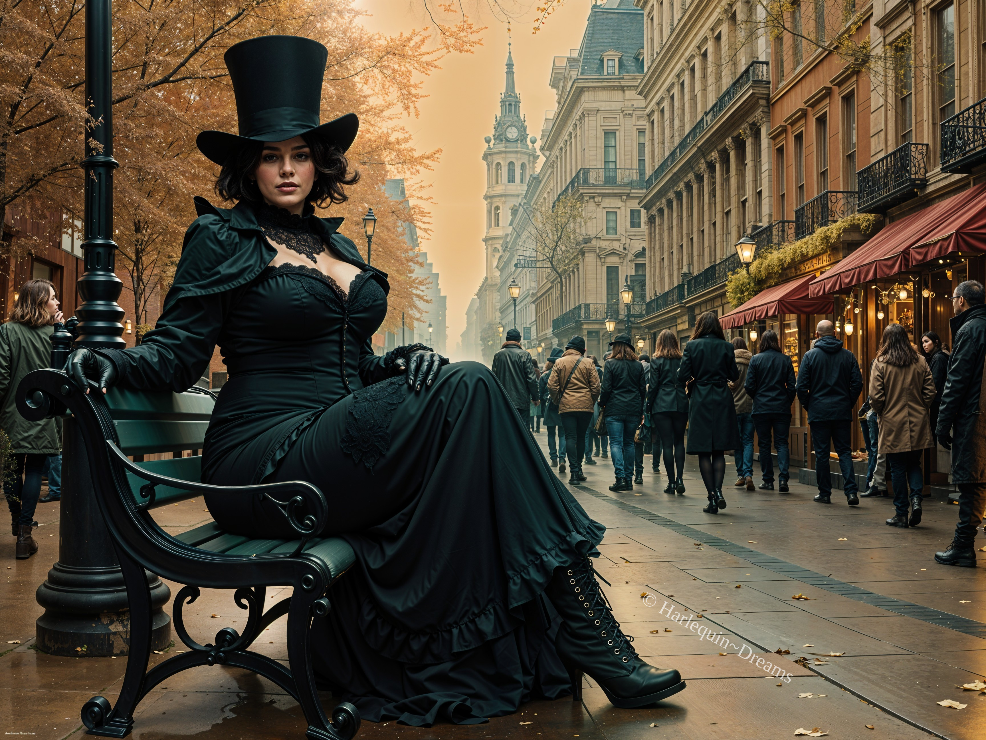 Woman in Black Gown on Bench in Autumn Street Scene