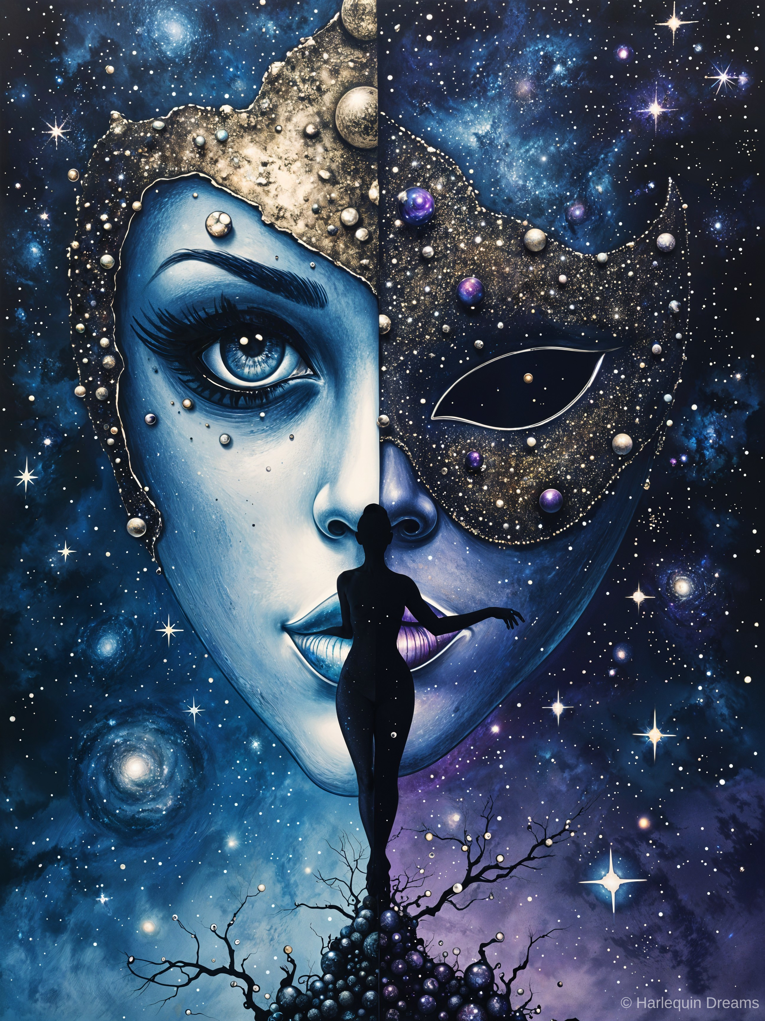 Split-Face Artwork with Celestial and Mask Elements