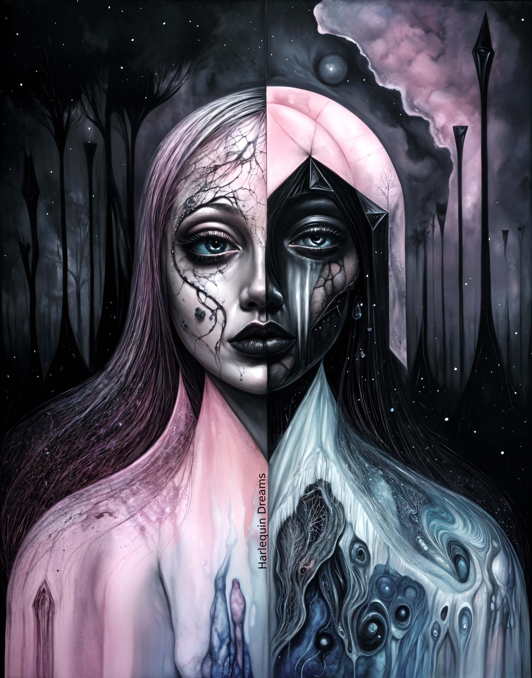 Contrasting Female Face in Surreal Artwork