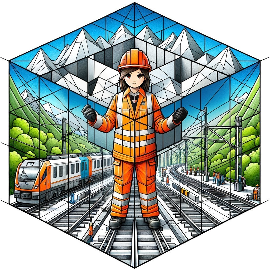 Illustration of a female railway worker on train tracks