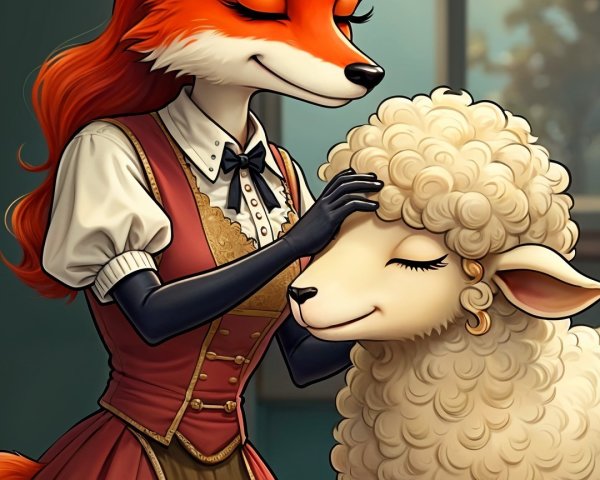 Whimsical Scene of Fox and Sheep in Cozy Room