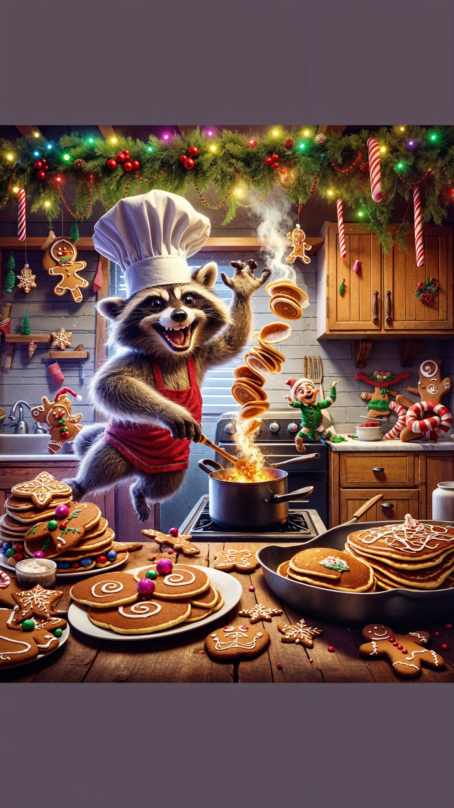 Festive Kitchen Scene with Raccoon Chef and Cookies