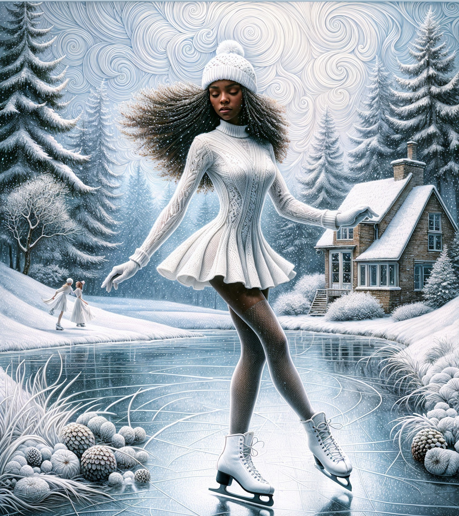 Winter Wonderland with Skater on Frozen Lake
