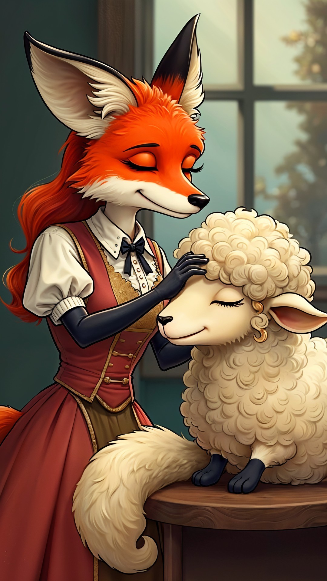 Whimsical Scene of Fox and Sheep in Cozy Room