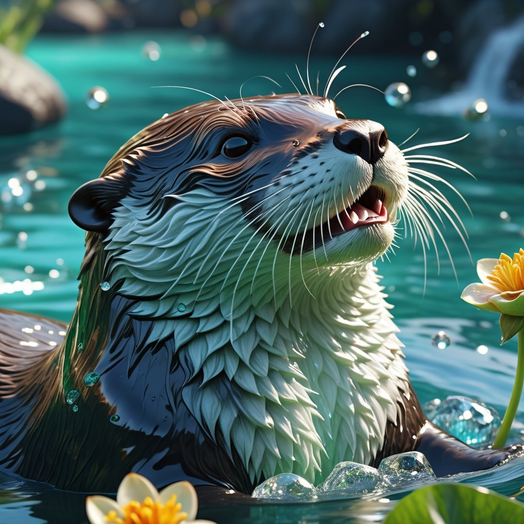 Digital Painting of an Otter in a Turquoise Pond
